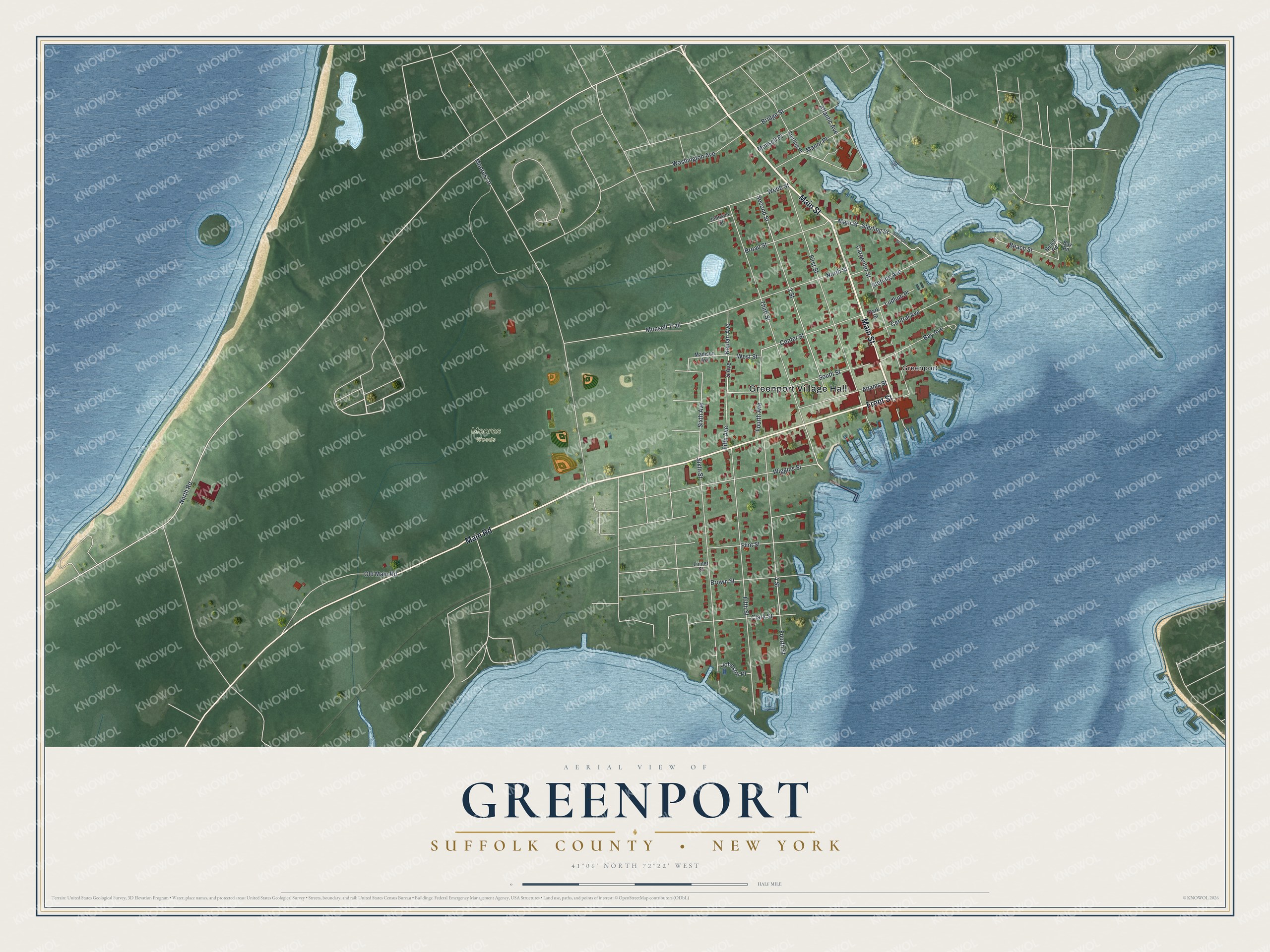 Detailed map of Greenport, Suffolk County, New York, showing streets, buildings, and beaches