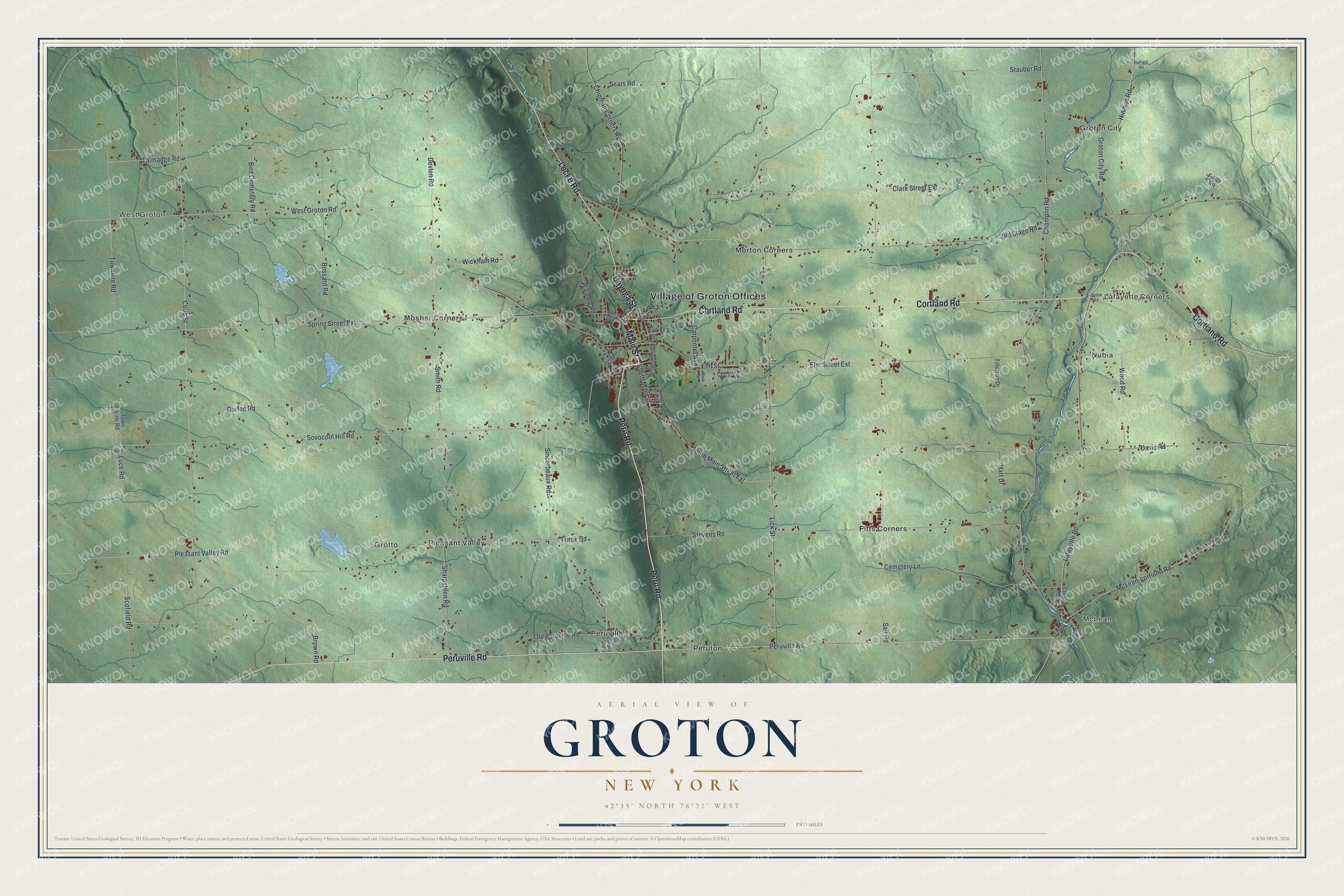 Detailed map of Groton, New York, showing streets, buildings, and neighborhoods