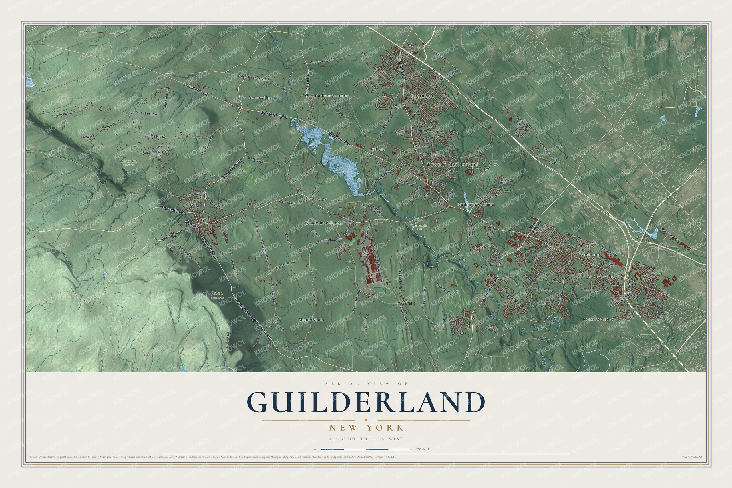 Detailed map of Guilderland, New York, showing streets, buildings, neighborhoods, and parks