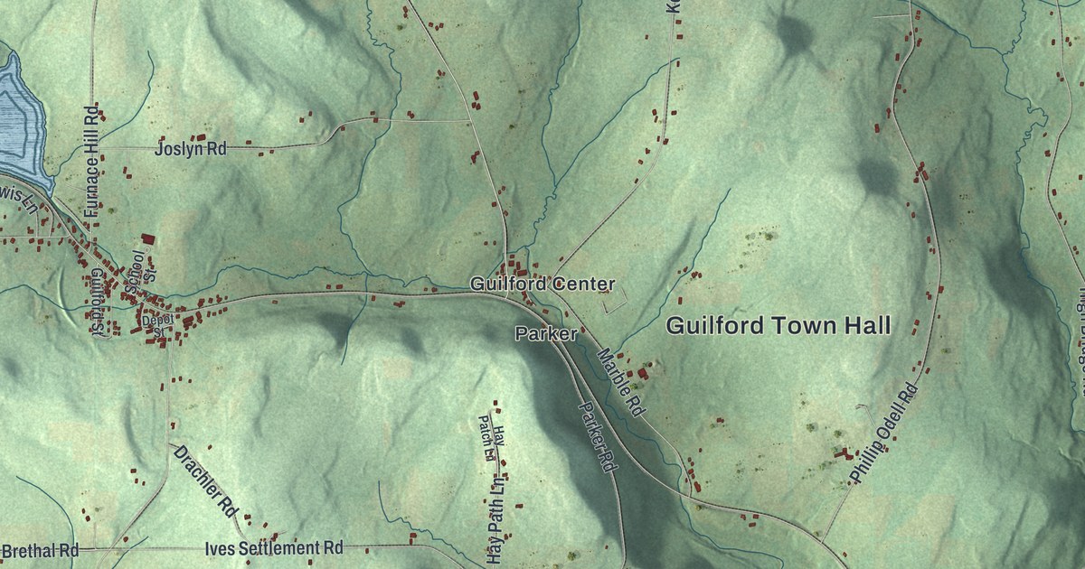 Close-up of streets and buildings in Guilford, New York