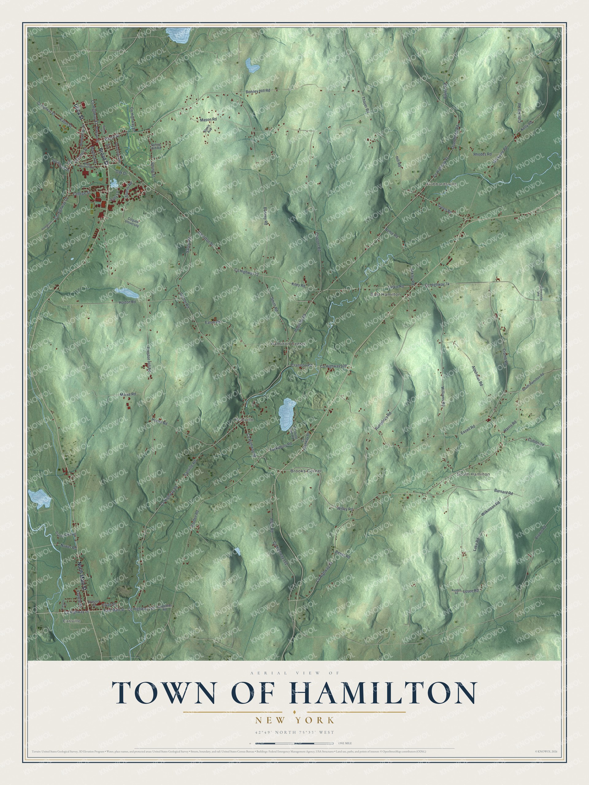 Detailed map of the Town of Hamilton, New York, showing streets, buildings, and neighborhoods