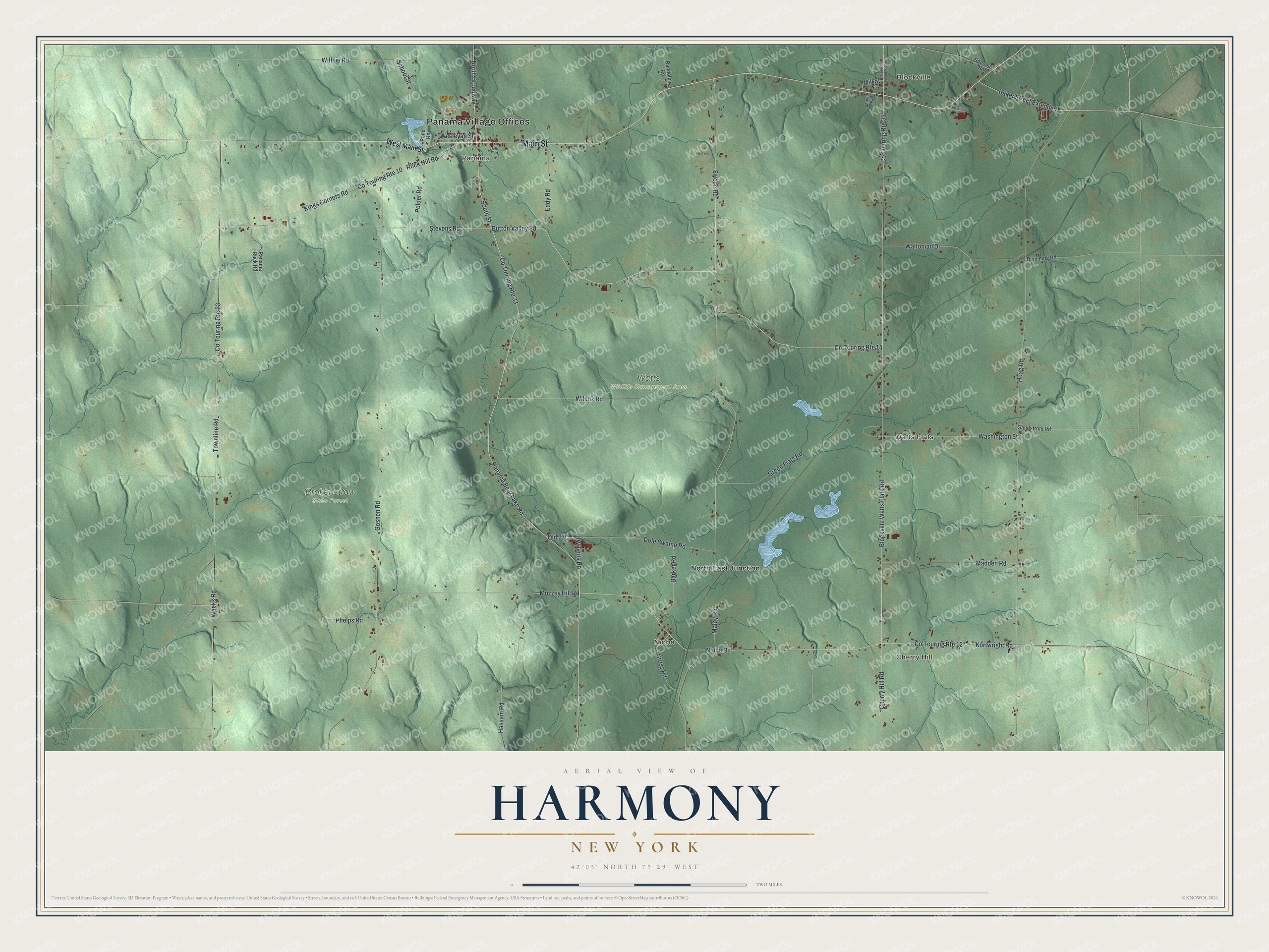 Detailed map of Harmony, New York, showing streets, buildings, neighborhoods, and parks
