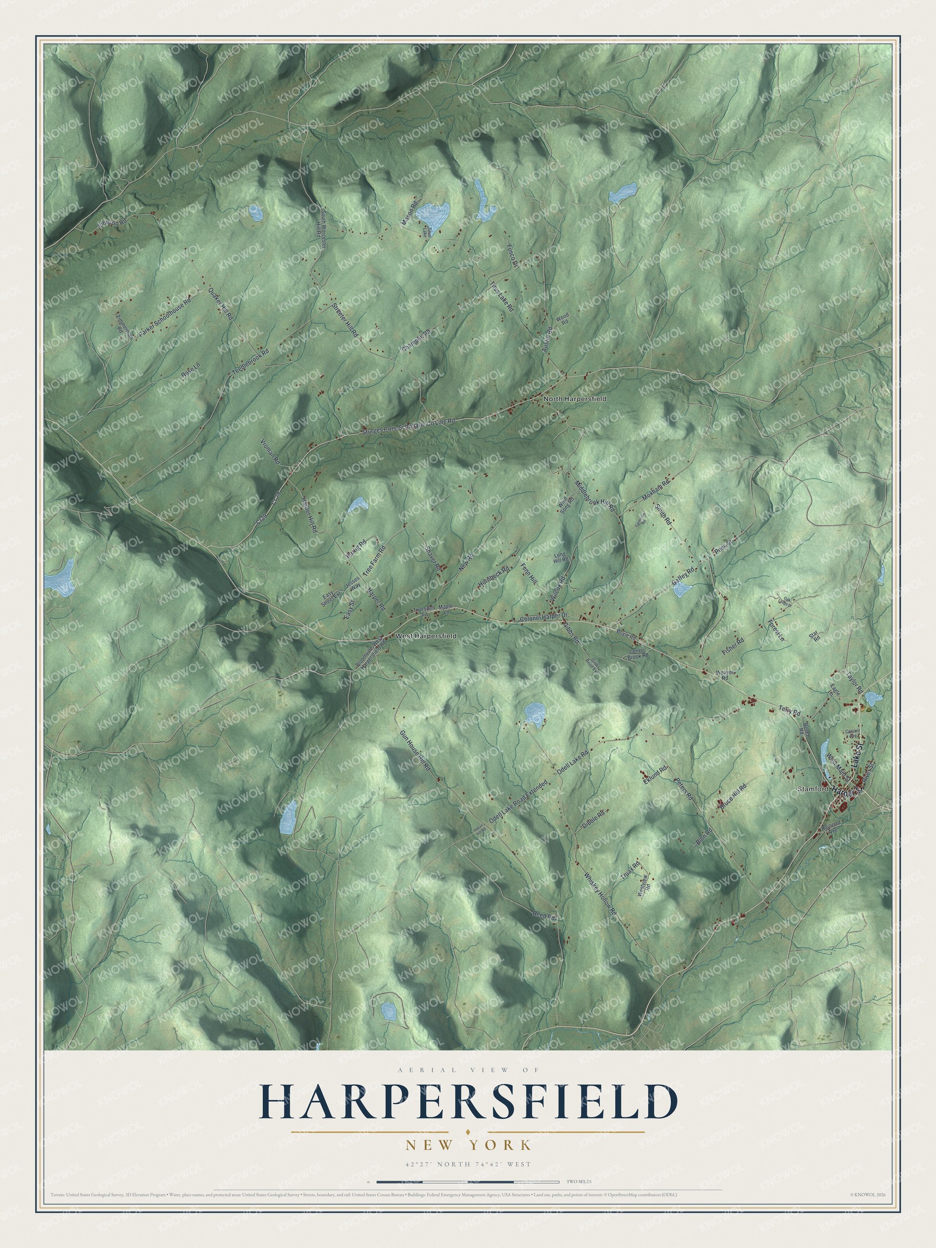 Detailed map of Harpersfield, New York, showing streets, buildings, and neighborhoods