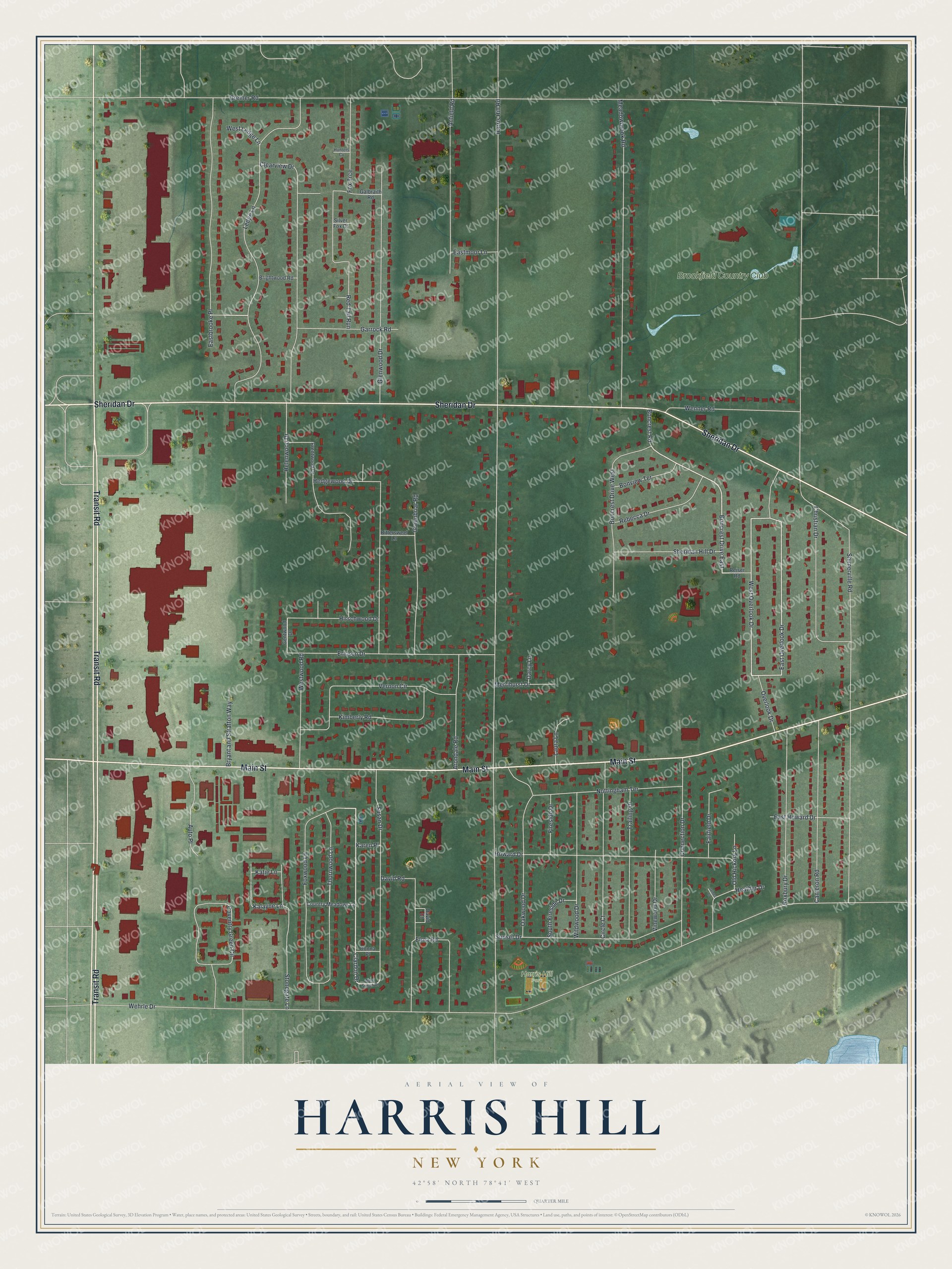 Detailed map of Harris Hill, New York, showing streets and buildings
