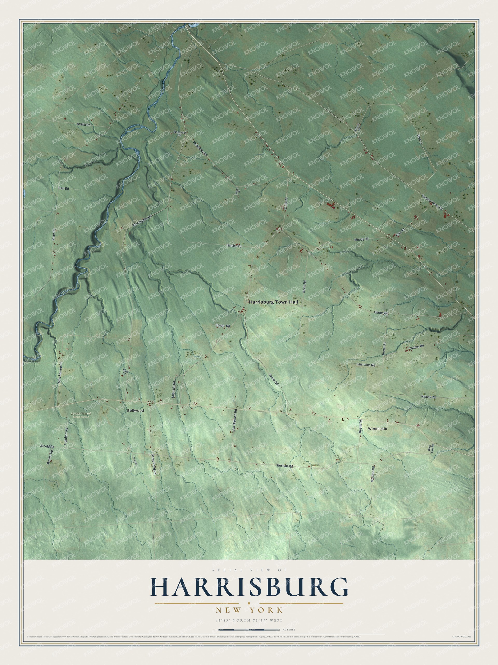 Detailed map of Harrisburg, New York, showing streets, buildings, neighborhoods, and parks