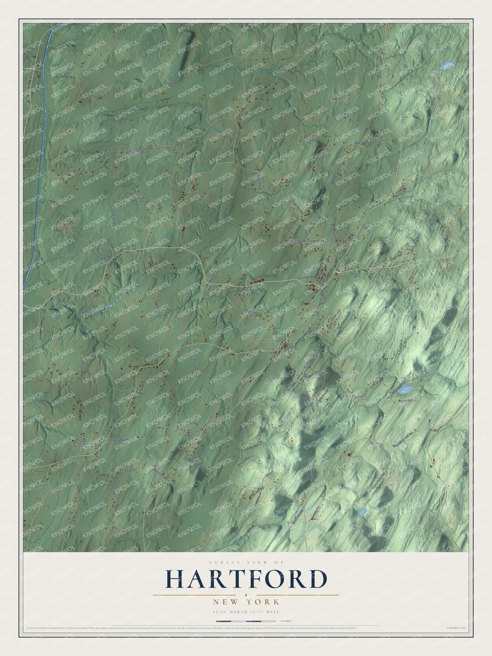 Detailed map of Hartford, New York, showing streets, buildings, and neighborhoods