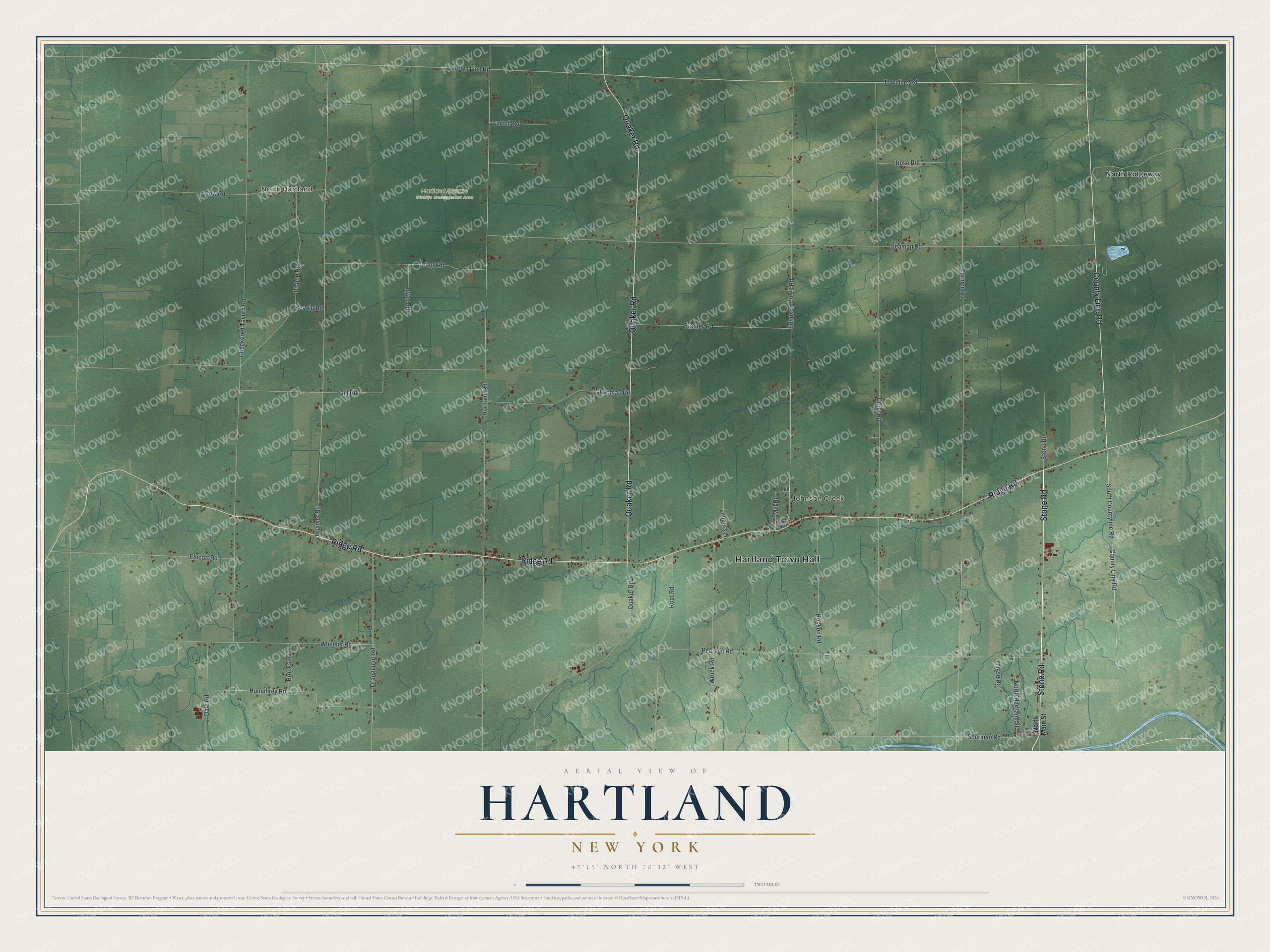 Detailed map of Hartland, New York, showing streets, buildings, neighborhoods, and parks