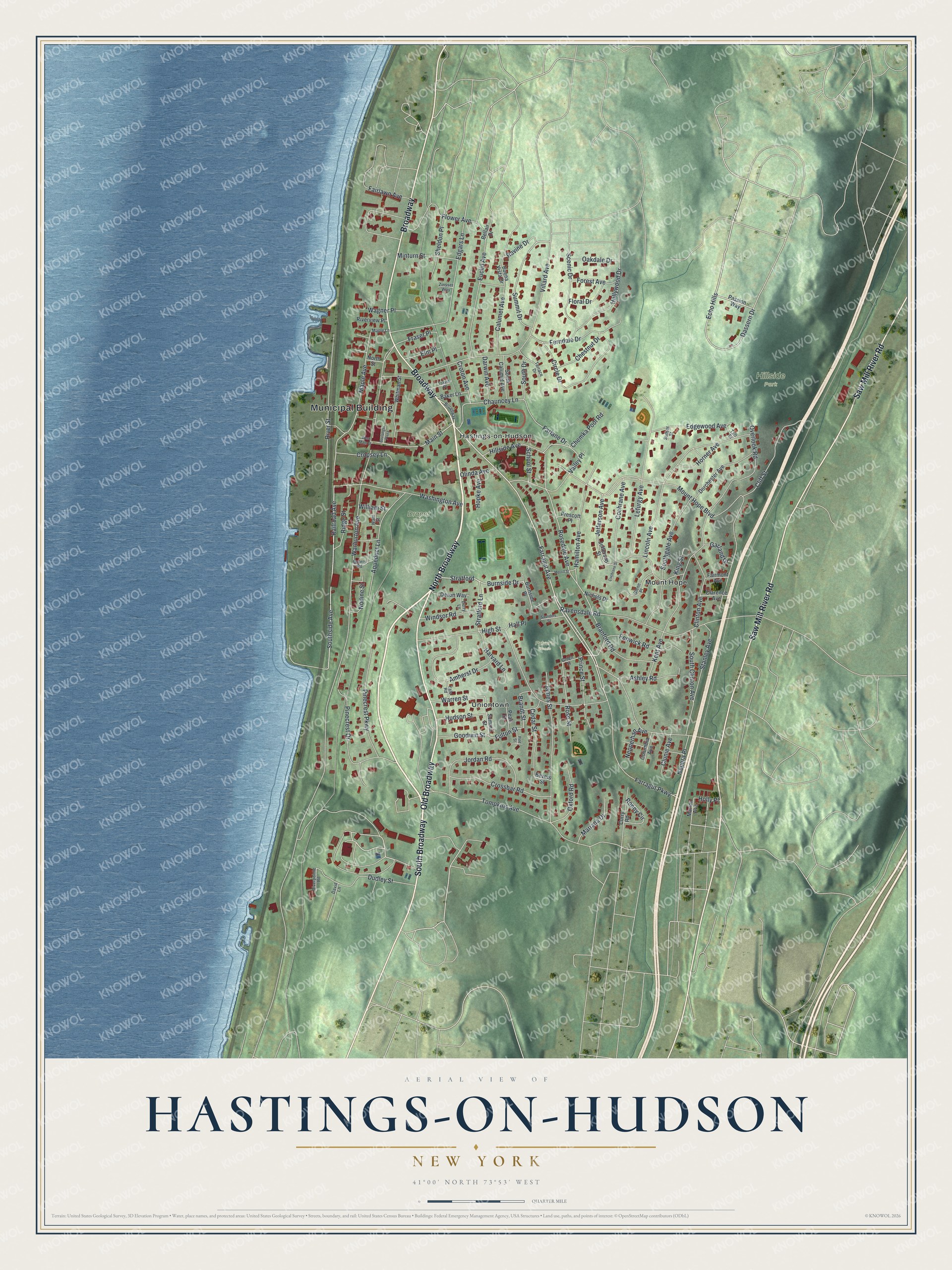Detailed map of Hastings-on-Hudson, New York, showing streets, buildings, neighborhoods, and parks