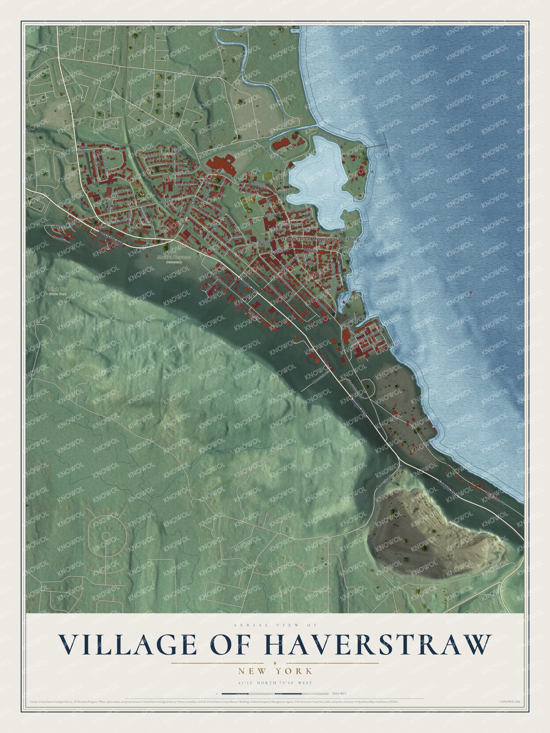 Detailed map of the Village of Haverstraw, New York, showing streets, buildings, and parks
