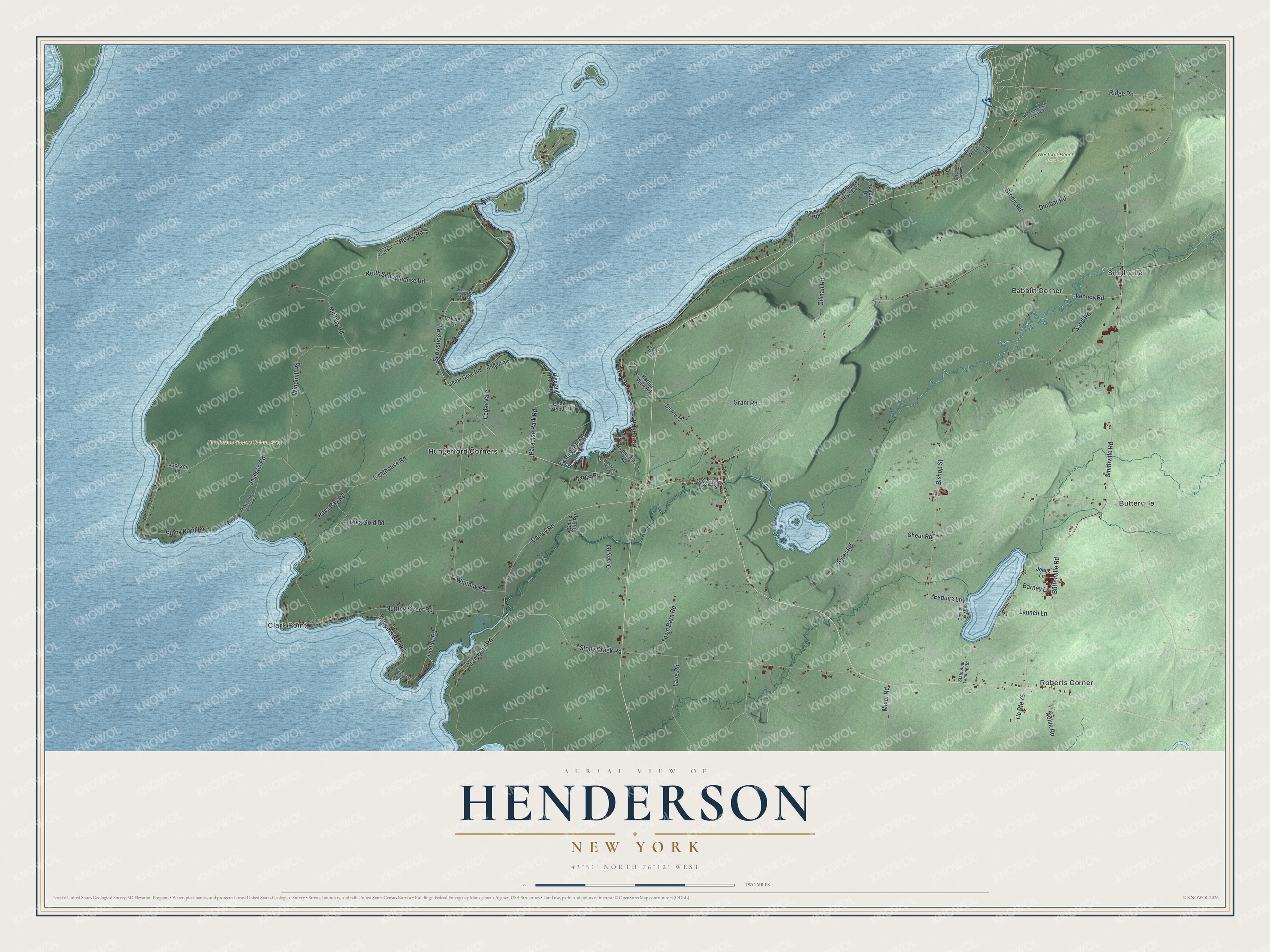 Detailed map of Henderson, New York, showing streets, buildings, neighborhoods, and parks