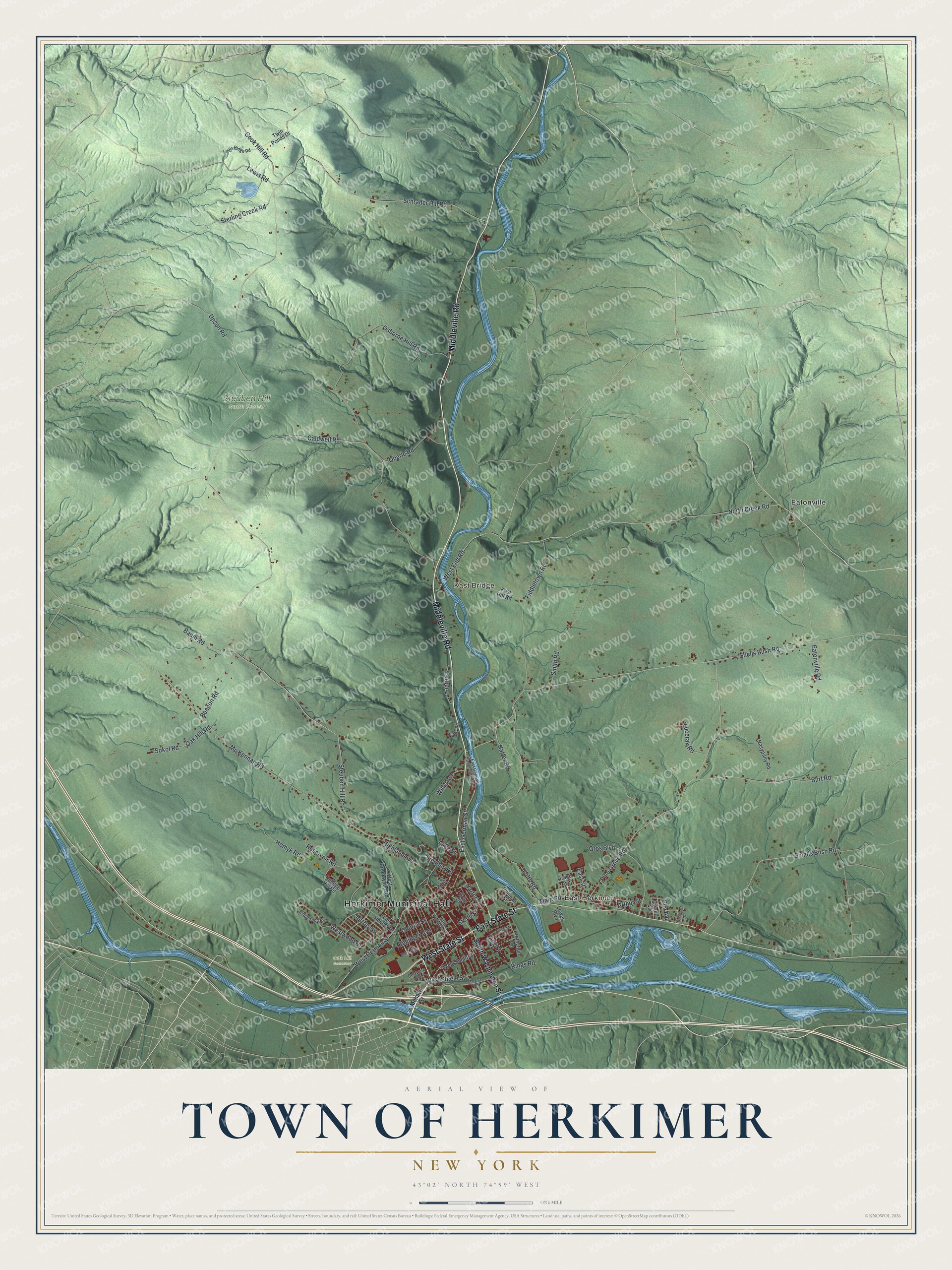 Detailed map of the Town of Herkimer, New York, showing streets, buildings, neighborhoods, and parks