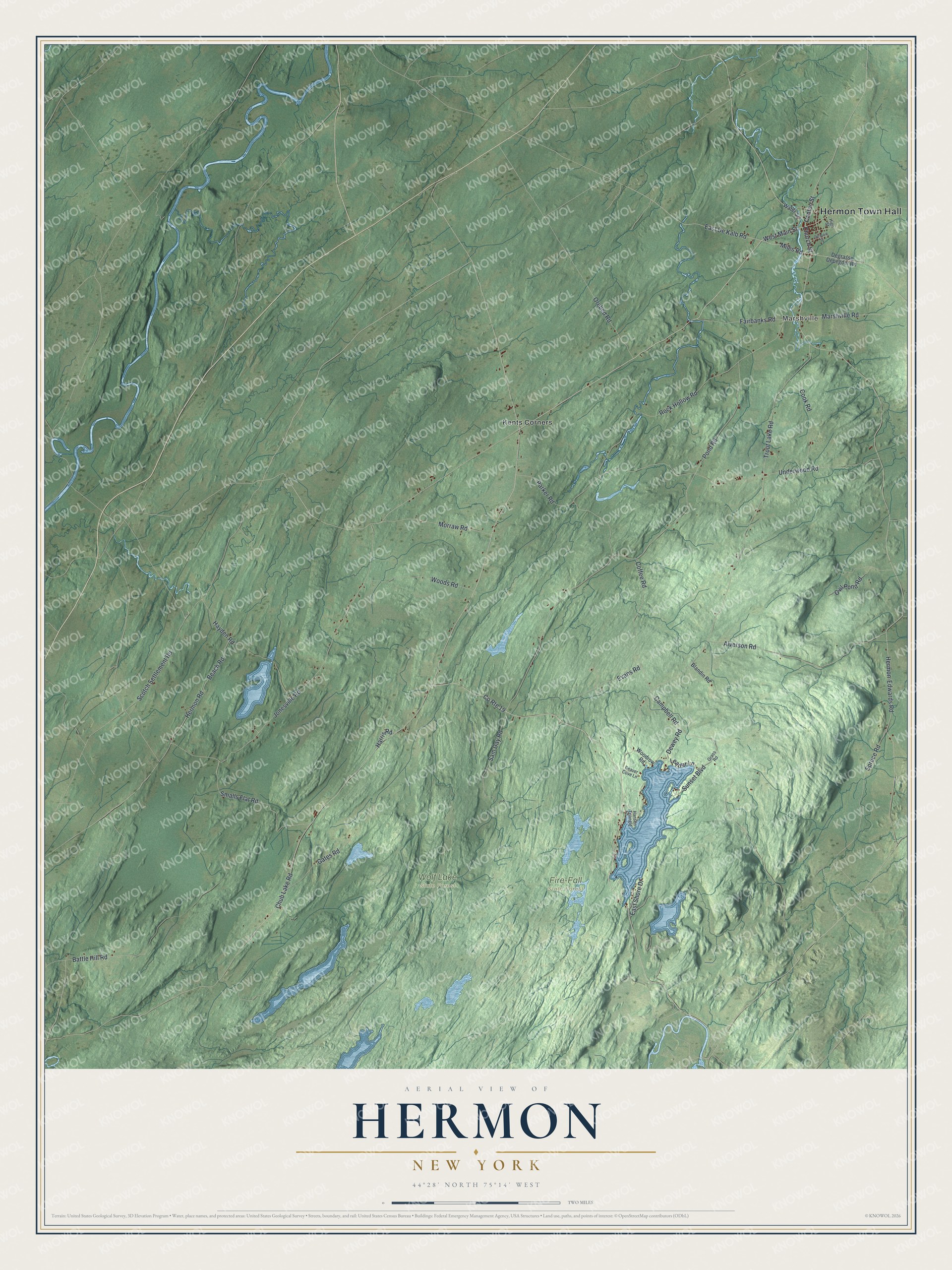 Detailed map of Hermon, New York, showing streets, buildings, neighborhoods, and parks