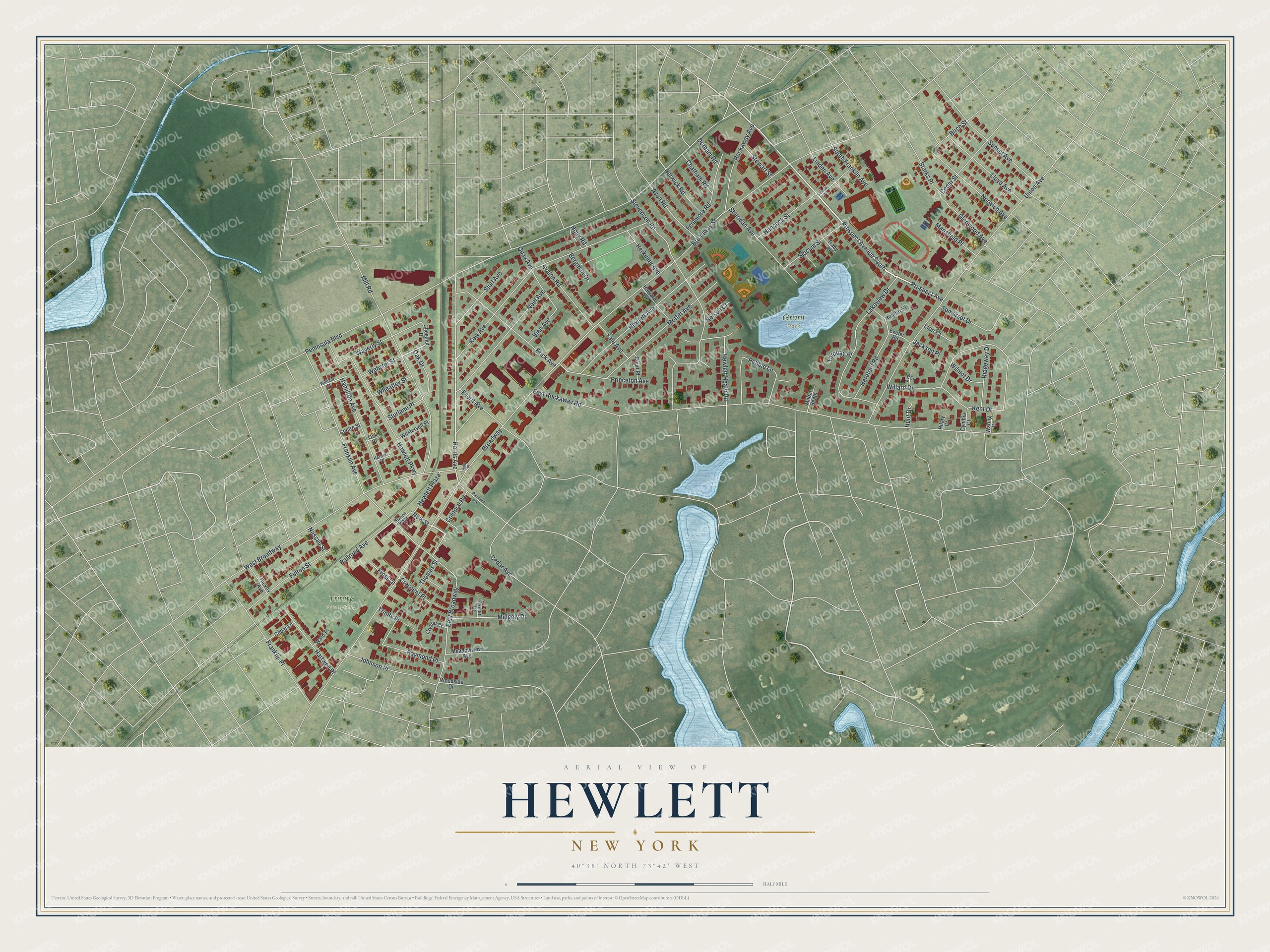 Detailed map of Hewlett, New York, showing streets, buildings, and parks