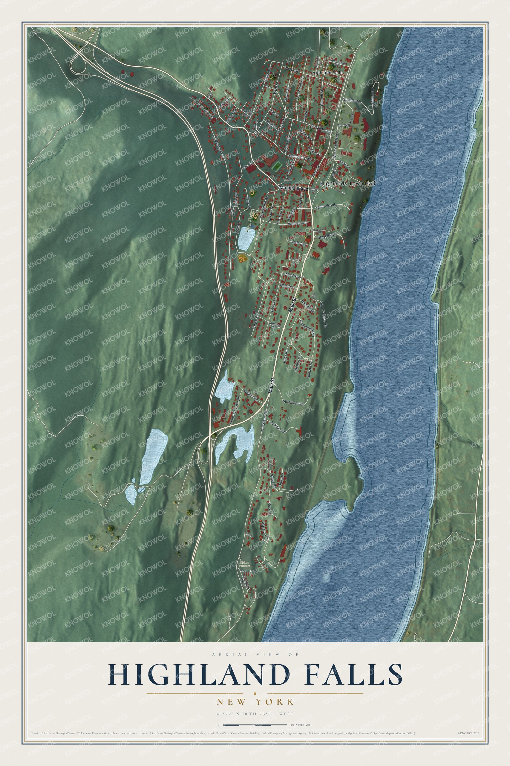 Detailed map of Highland Falls, New York, showing streets, buildings, and parks