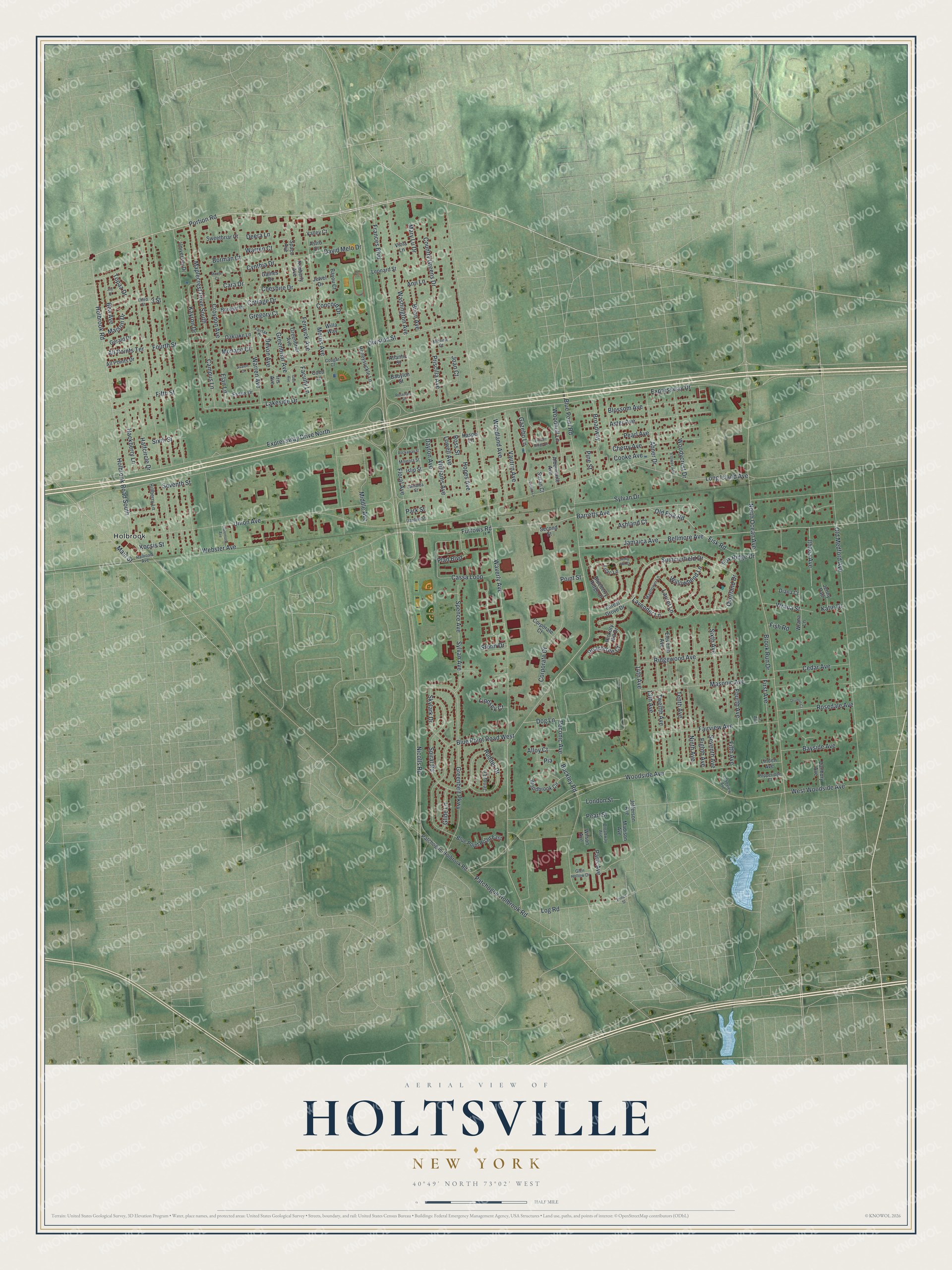 Detailed map of Holtsville, New York, showing streets and buildings