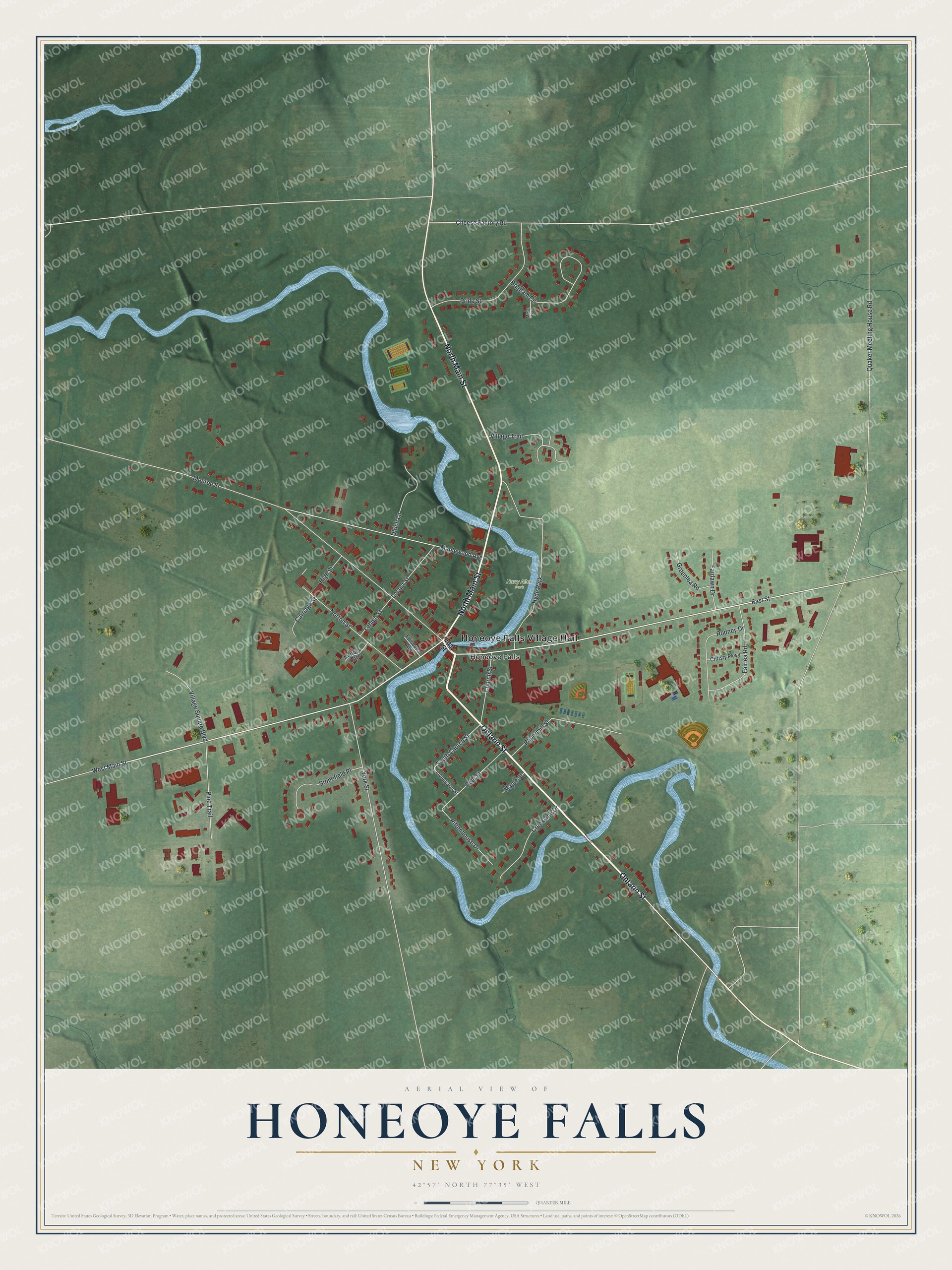 Detailed map of Honeoye Falls, New York, showing streets, buildings, and parks
