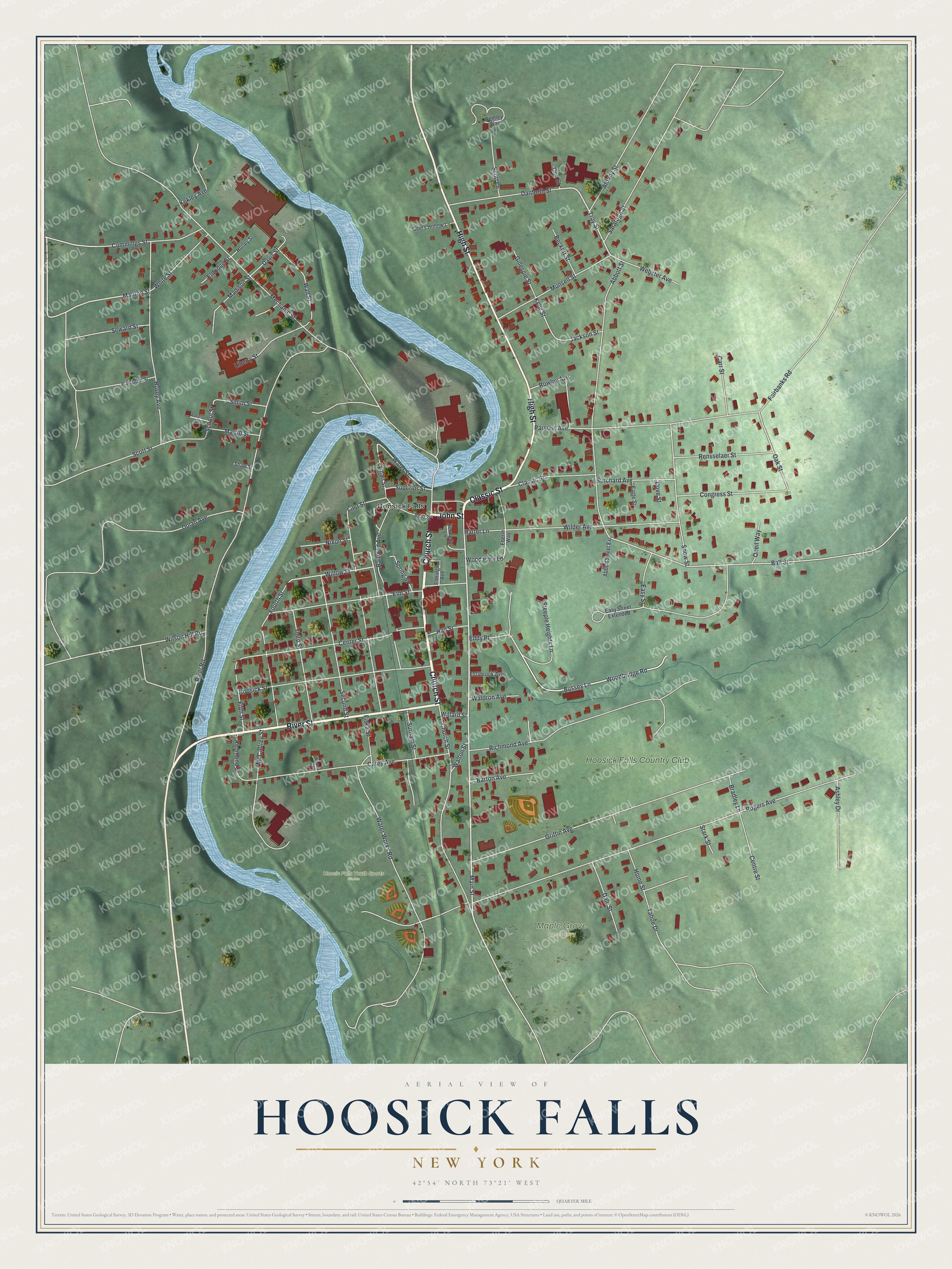 Detailed map of Hoosick Falls, New York, showing streets, buildings, and parks