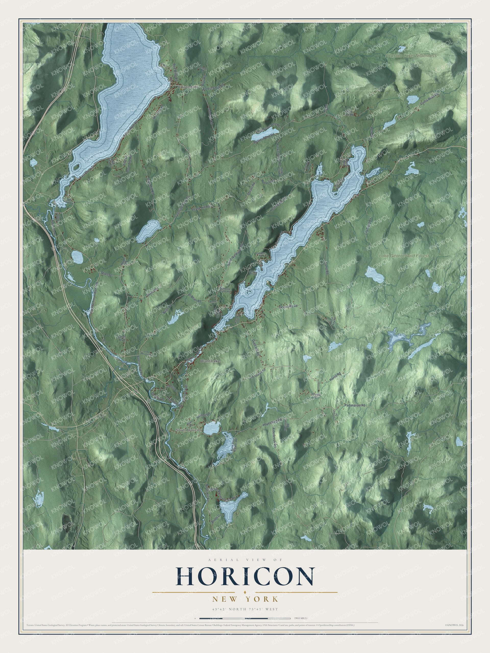 Detailed map of Horicon, New York, showing streets, buildings, neighborhoods, and parks