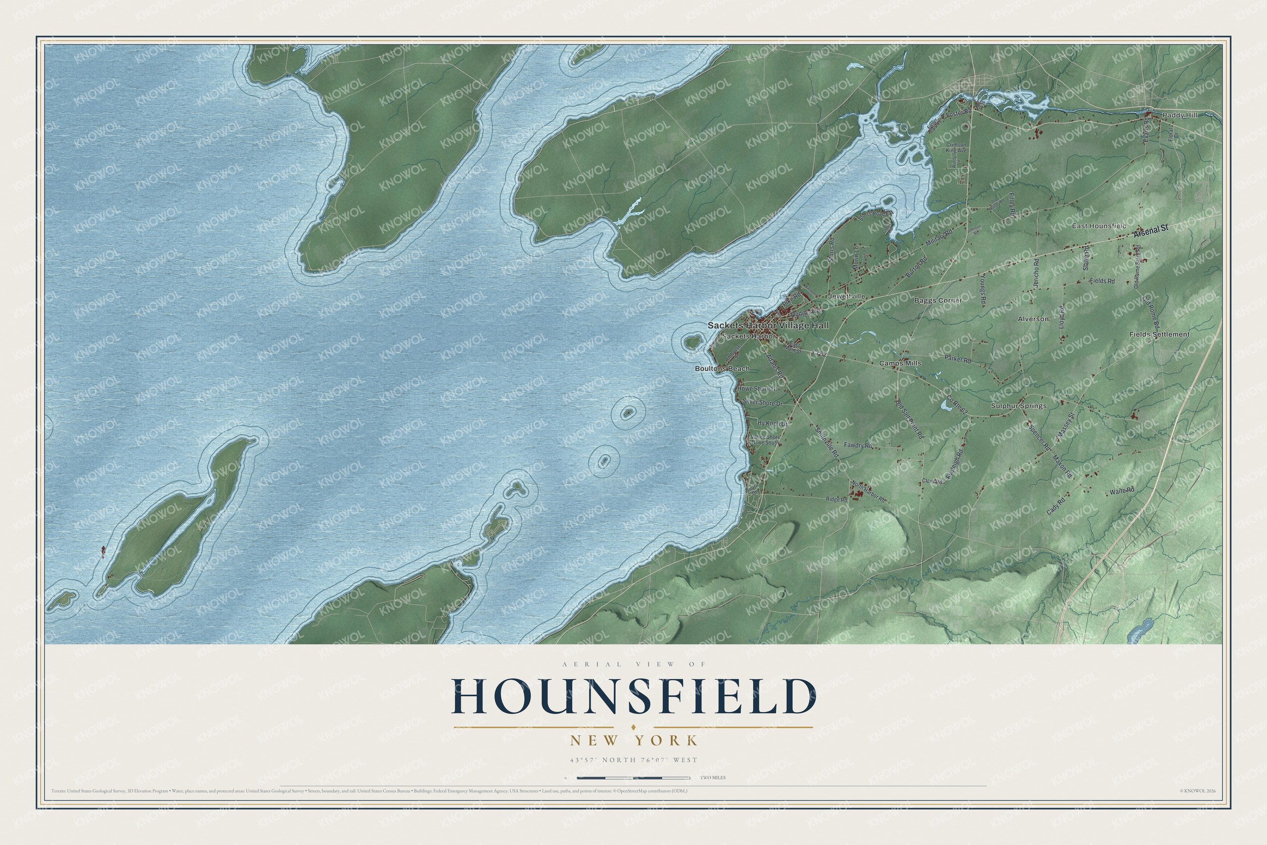 Detailed map of Hounsfield, New York, showing streets, buildings, and neighborhoods