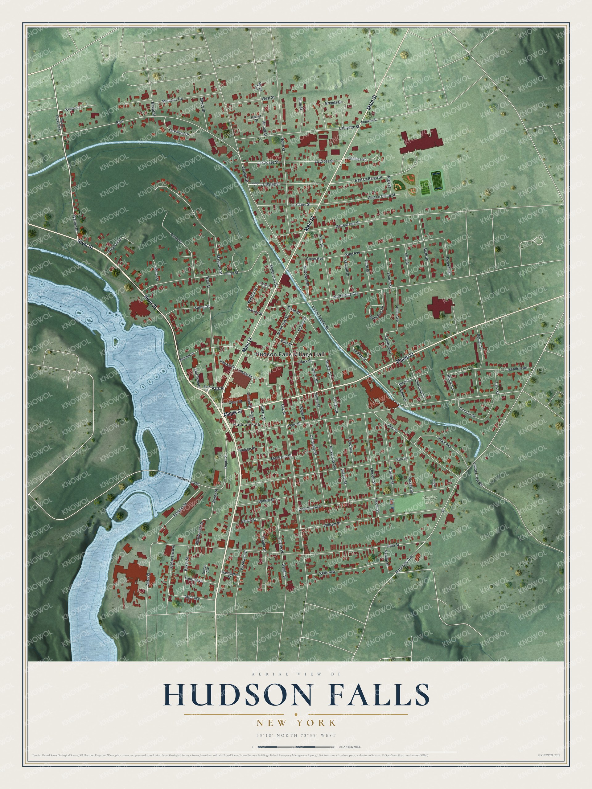 Detailed map of Hudson Falls, New York, showing streets, buildings, and parks