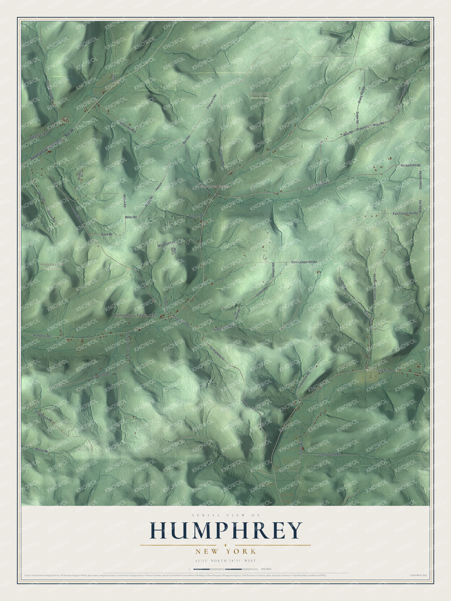 Detailed map of Humphrey, New York, showing streets, buildings, and parks