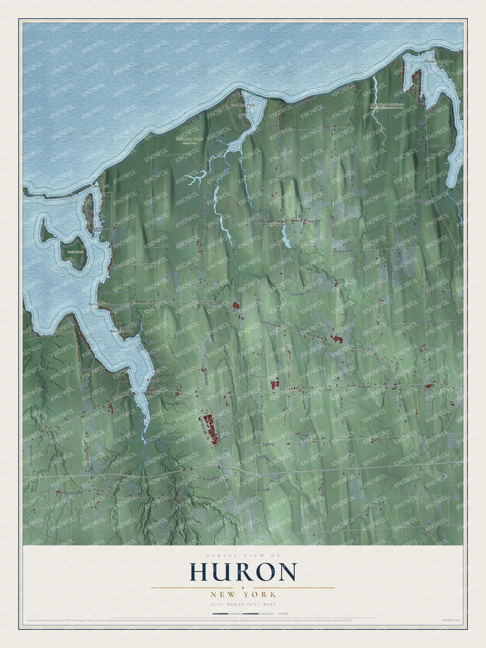 Detailed map of Huron, New York, showing streets, buildings, neighborhoods, and parks