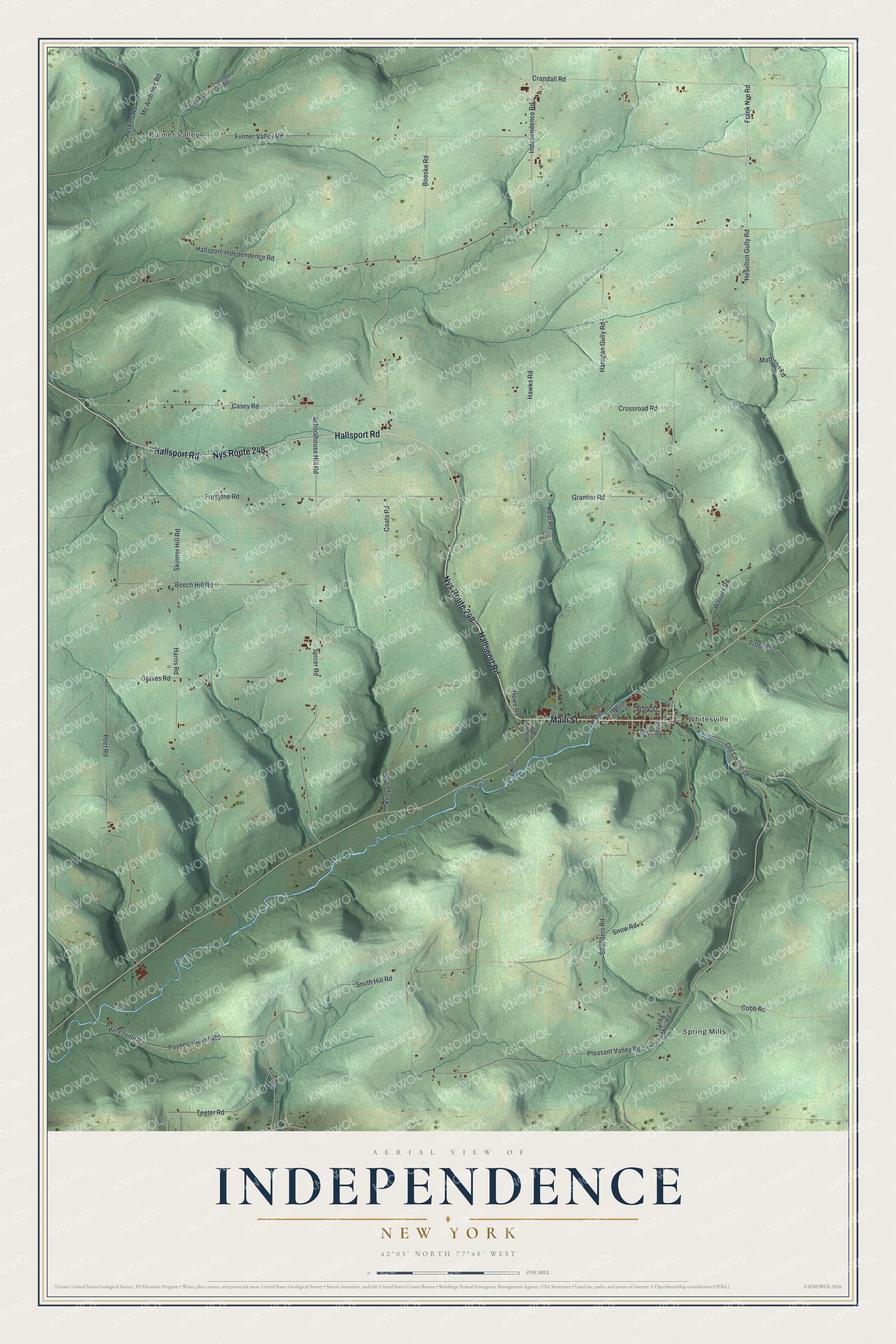 Detailed map of Independence, New York, showing streets, buildings, and neighborhoods