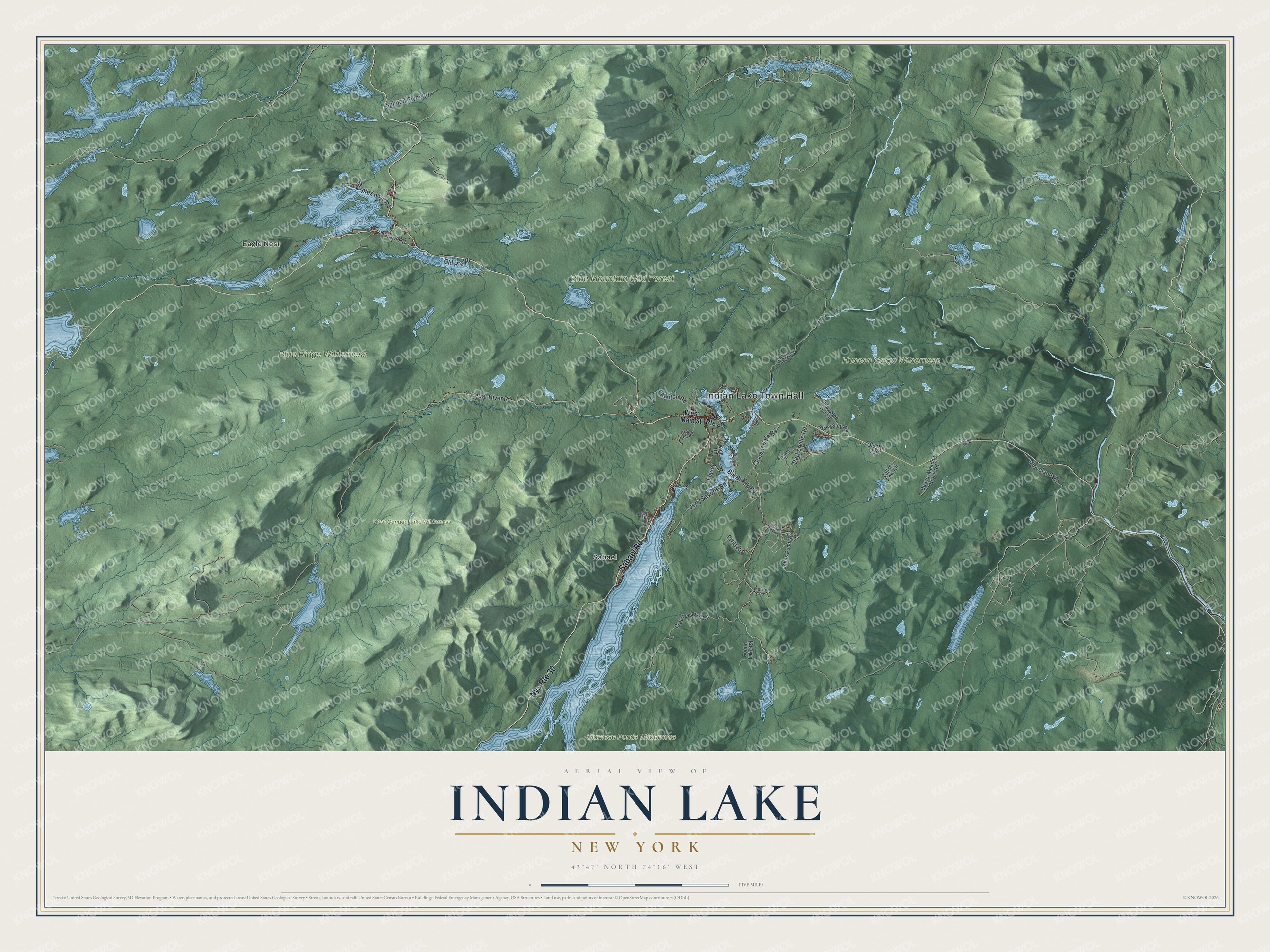 Detailed map of Indian Lake, New York, showing streets, buildings, neighborhoods, and parks