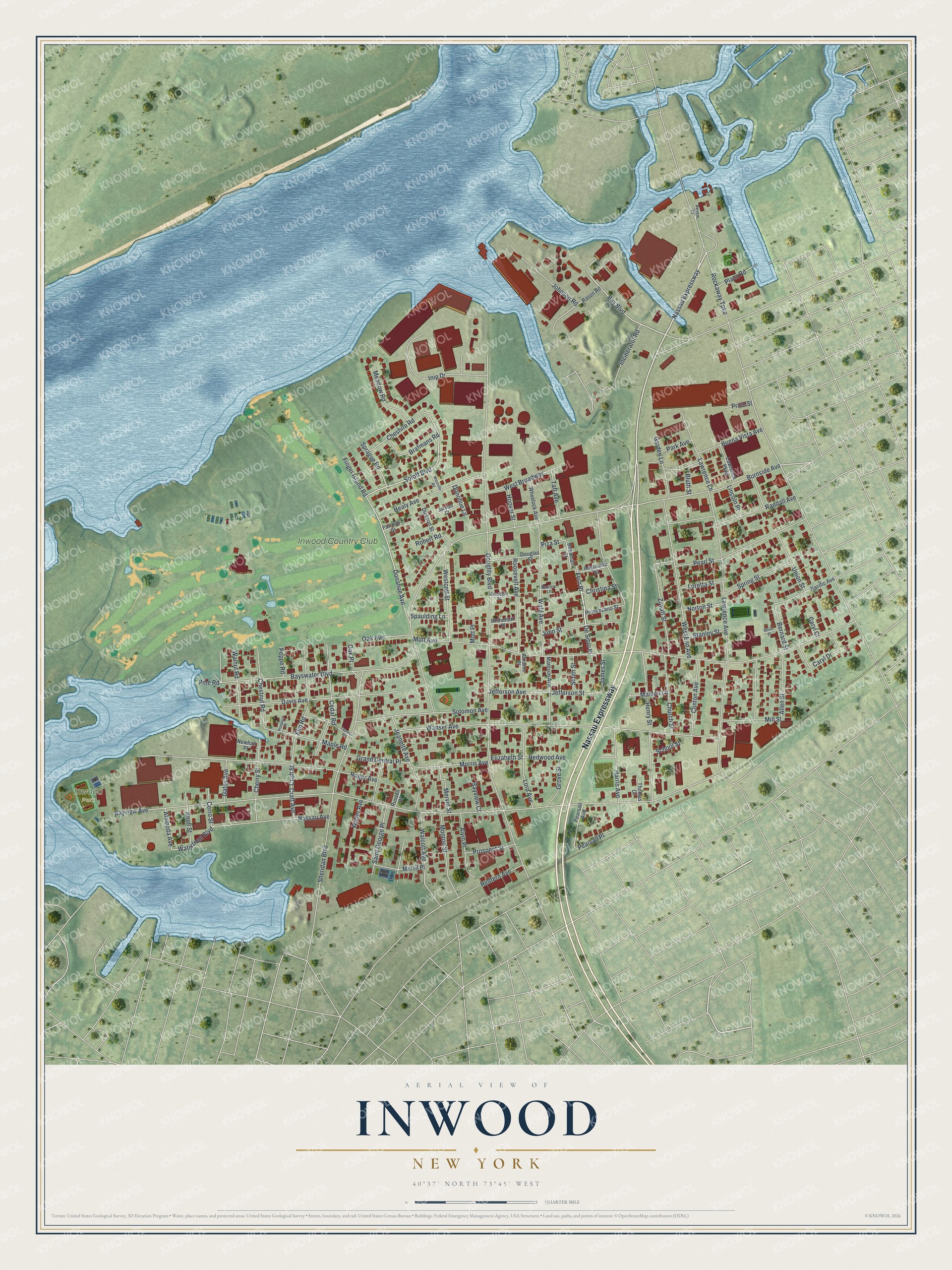Detailed map of Inwood, New York, showing streets and buildings