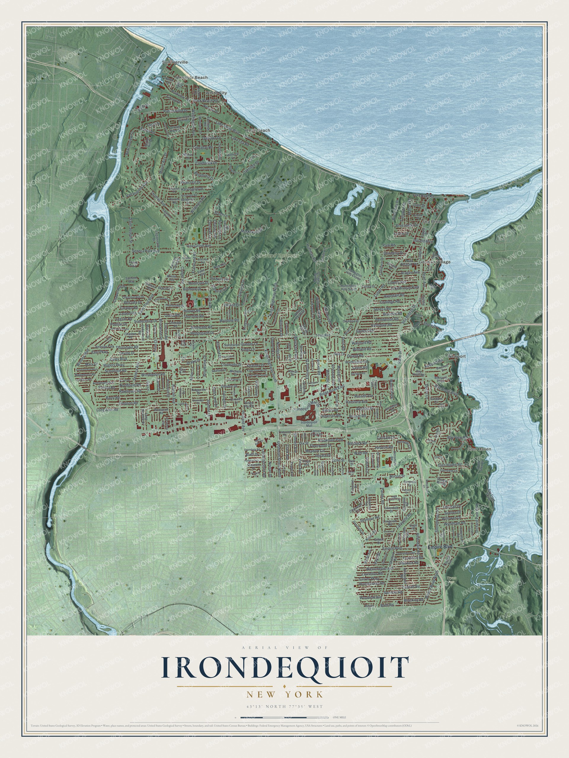 Detailed map of Irondequoit, New York, showing streets, buildings, neighborhoods, and parks