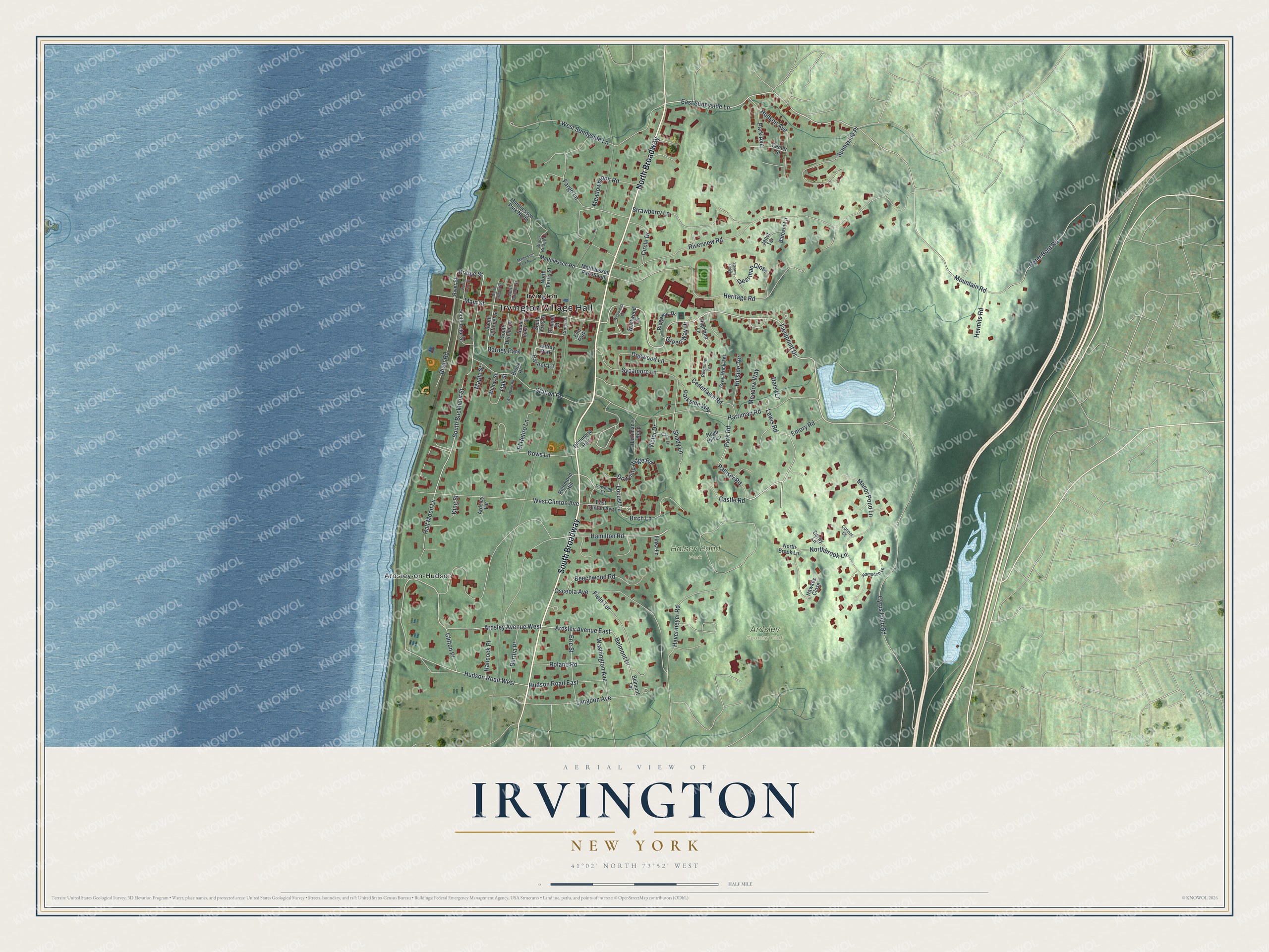 Detailed map of Irvington, New York, showing streets, buildings, and parks