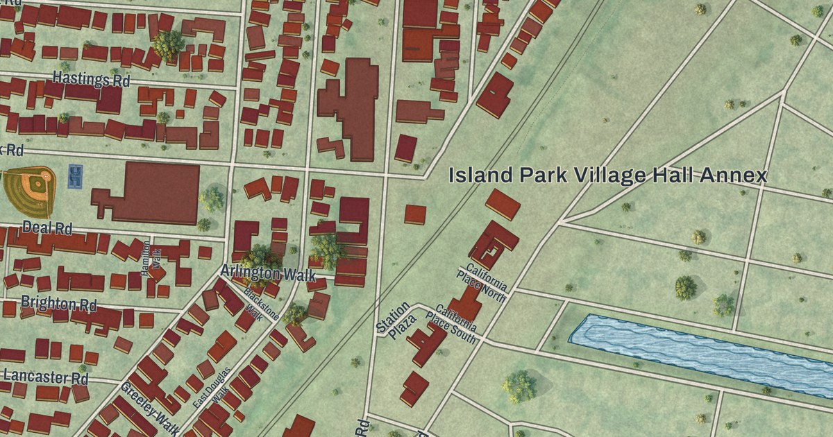 Close-up of streets and buildings in Island Park, New York