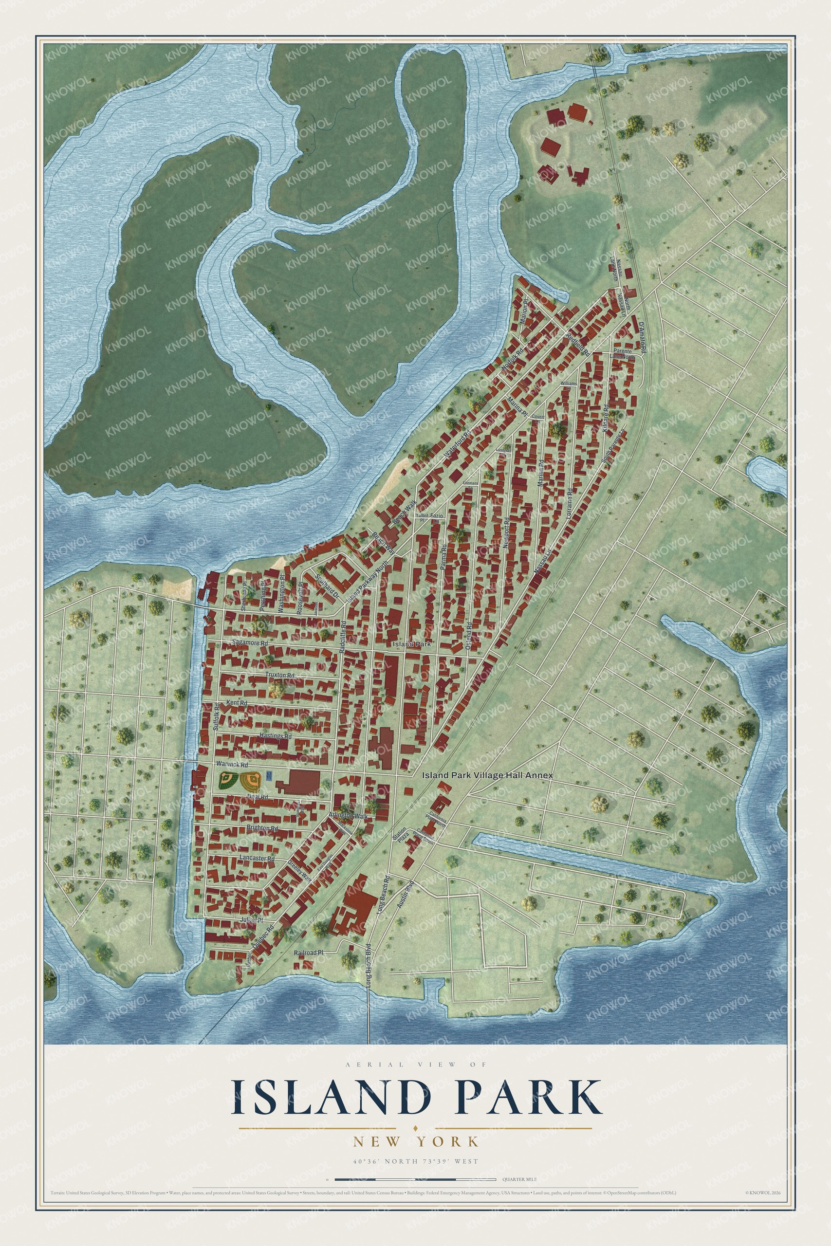 Detailed map of Island Park, New York, showing streets and buildings