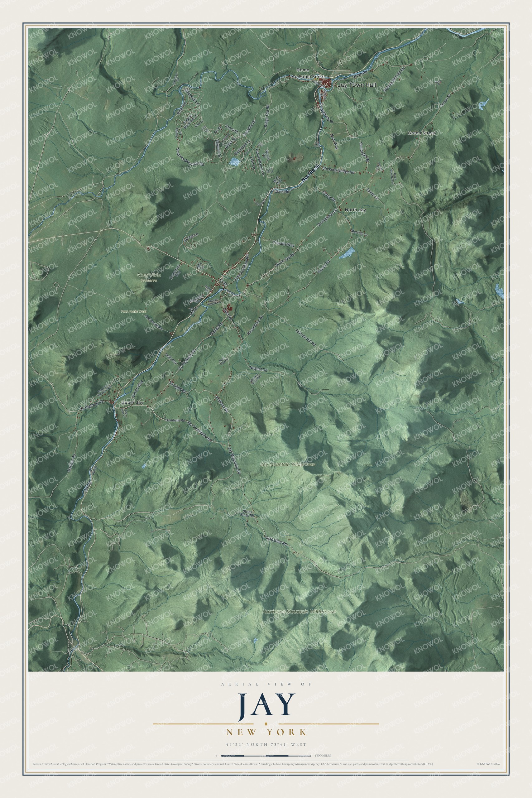 Detailed map of Jay, New York, showing streets, buildings, neighborhoods, and parks