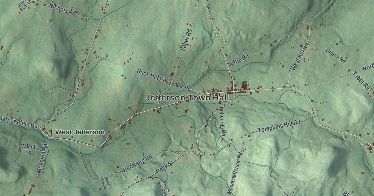 Close-up of streets and buildings in Jefferson, New York