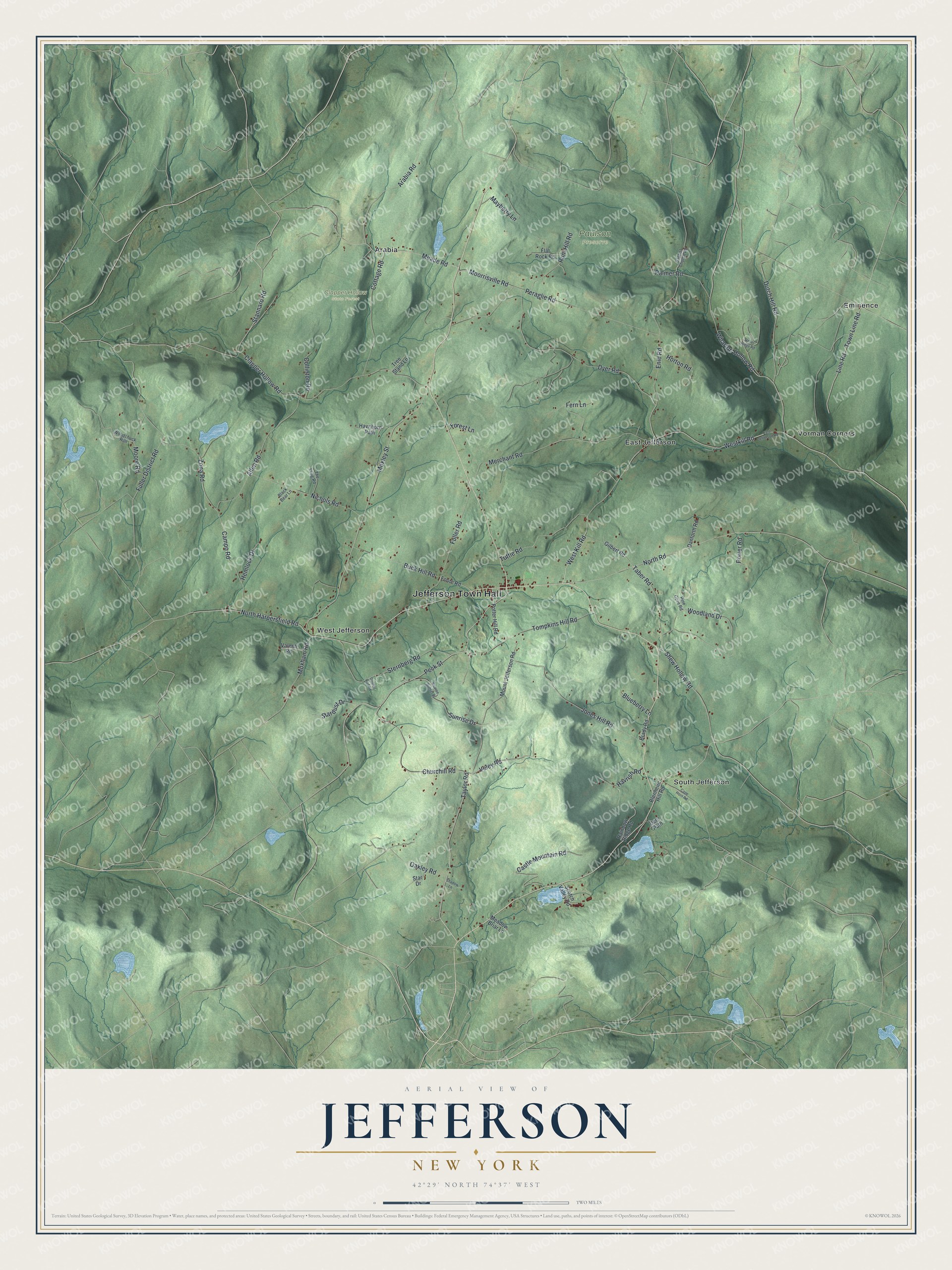 Detailed map of Jefferson, New York, showing streets, buildings, neighborhoods, and parks