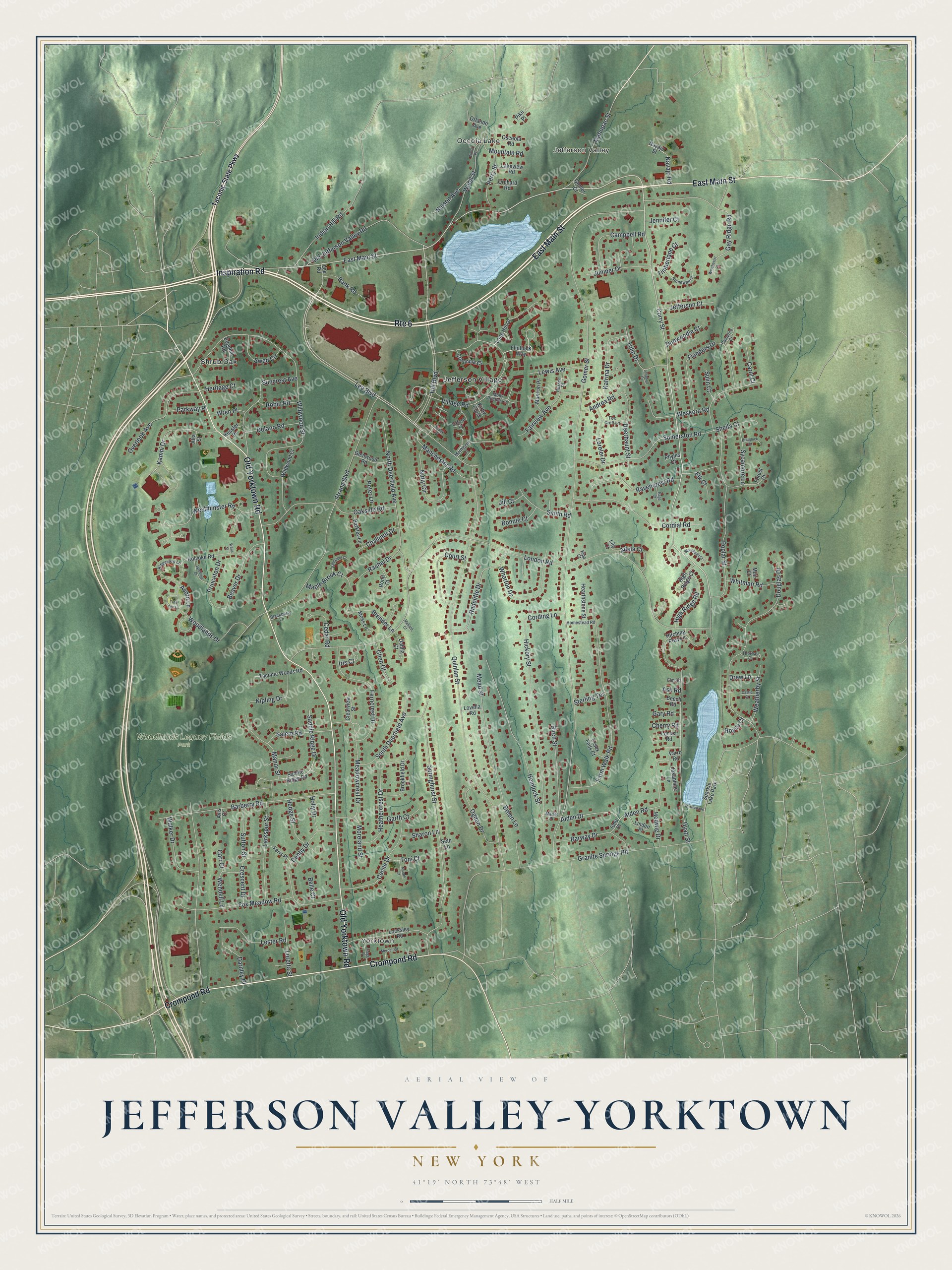 Detailed map of Jefferson Valley-Yorktown, New York, showing streets, buildings, neighborhoods, and parks