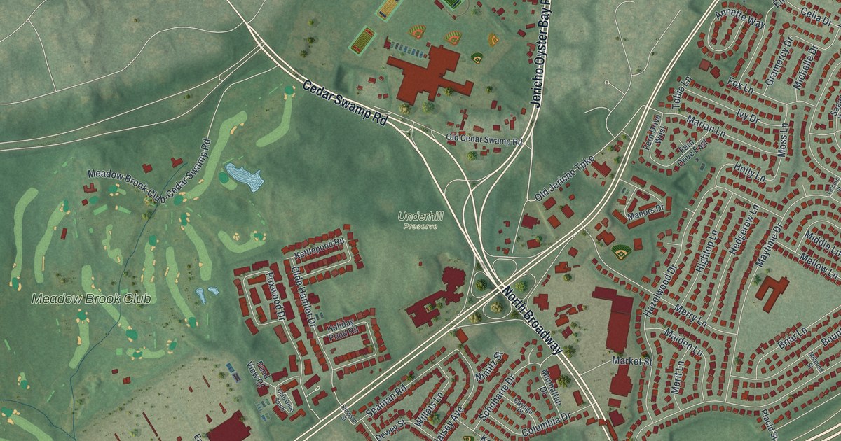 Close-up of streets and buildings in Jericho, New York