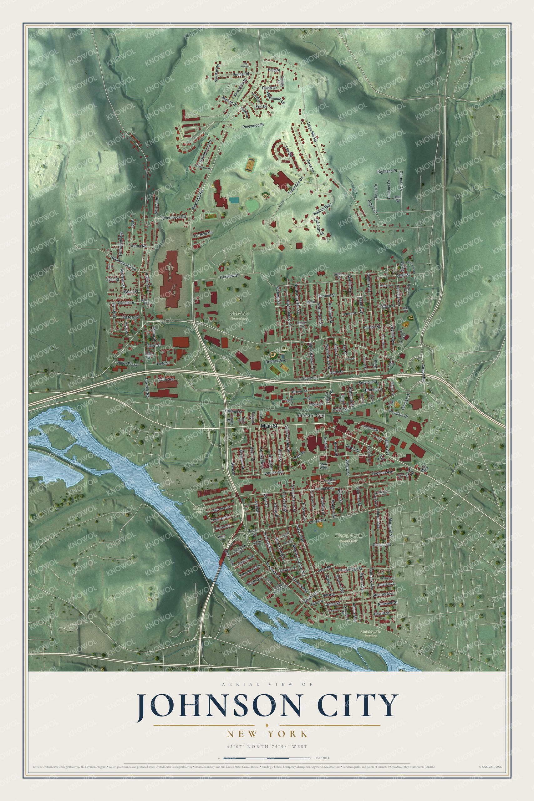 Detailed map of Johnson City, New York, showing streets, buildings, and parks