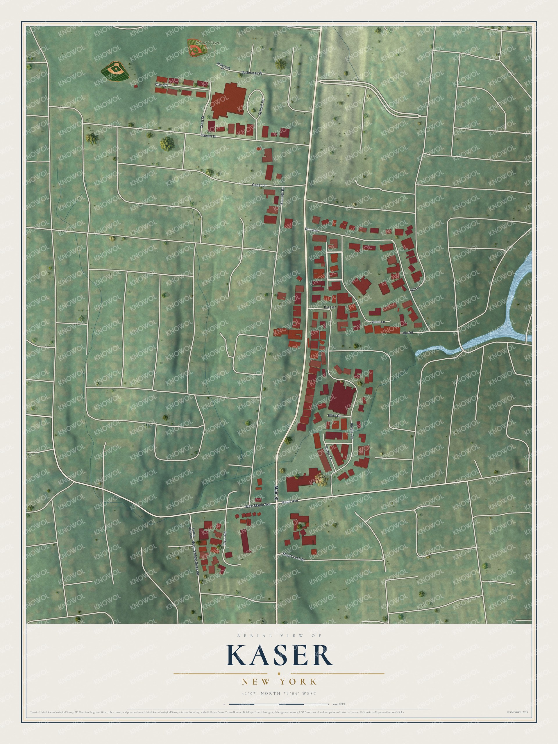 Detailed map of Kaser, New York, showing streets, buildings, and parks