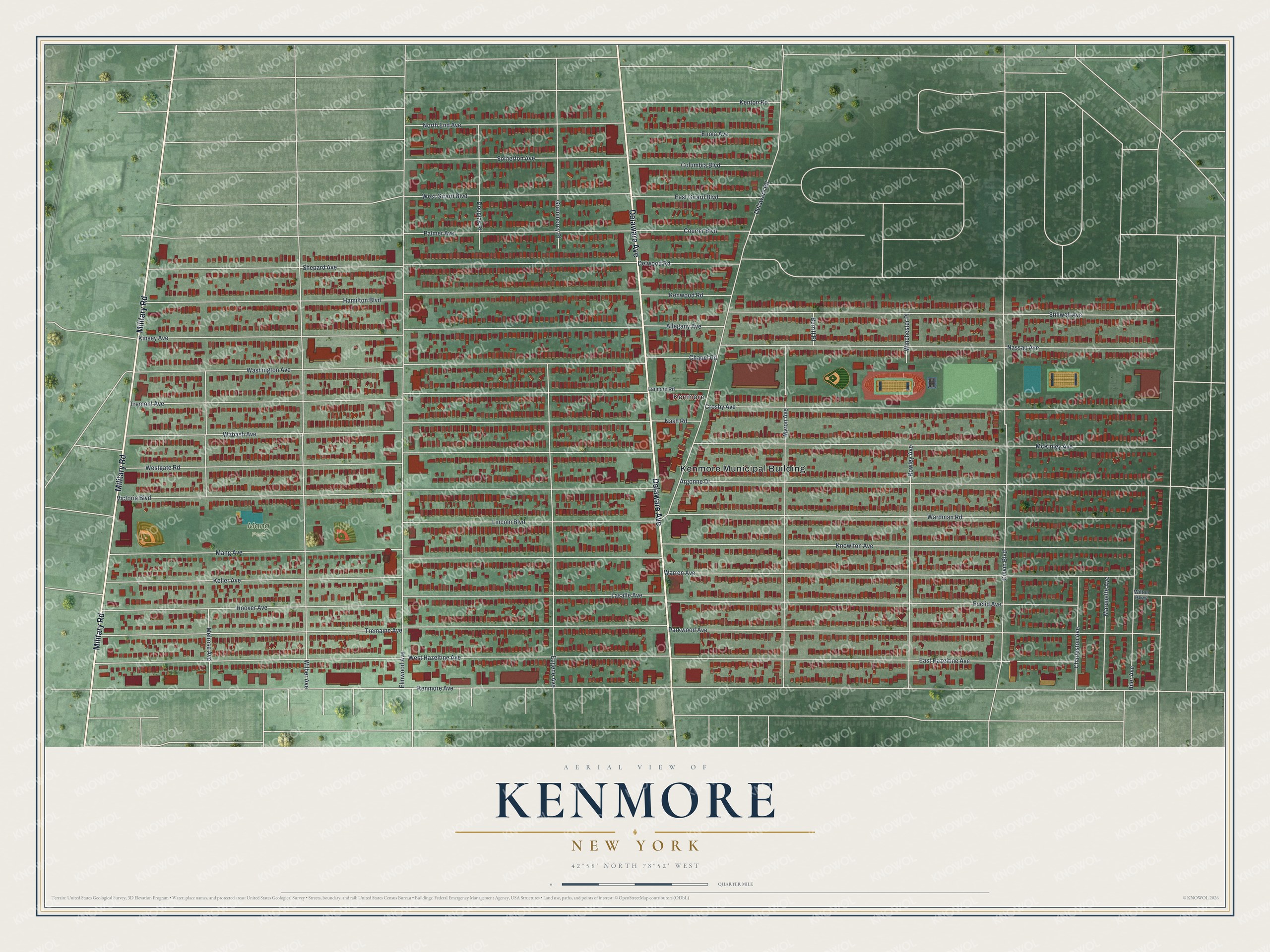 Detailed map of Kenmore, New York, showing streets, buildings, and parks