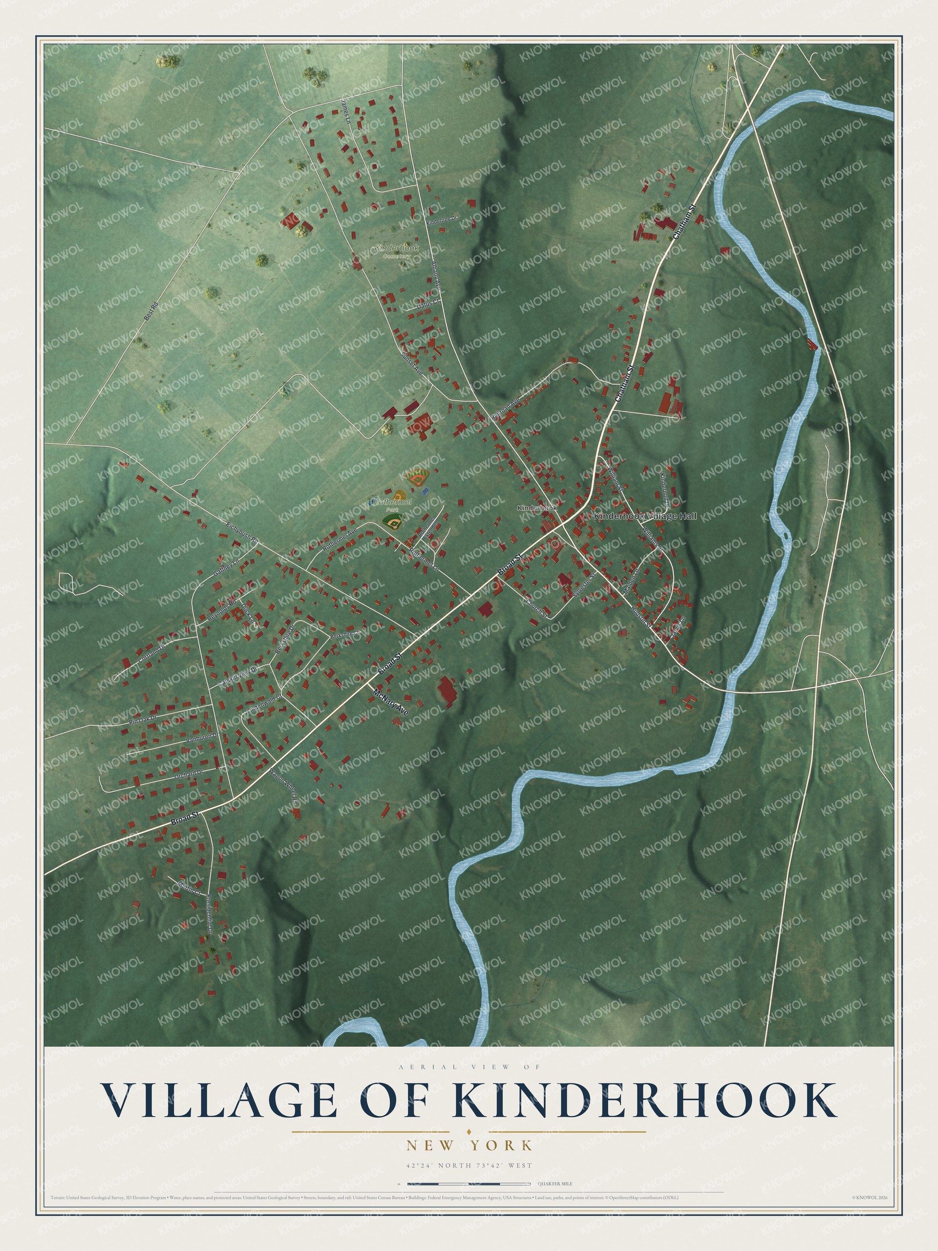 Detailed map of the Village of Kinderhook, New York, showing streets, buildings, and parks