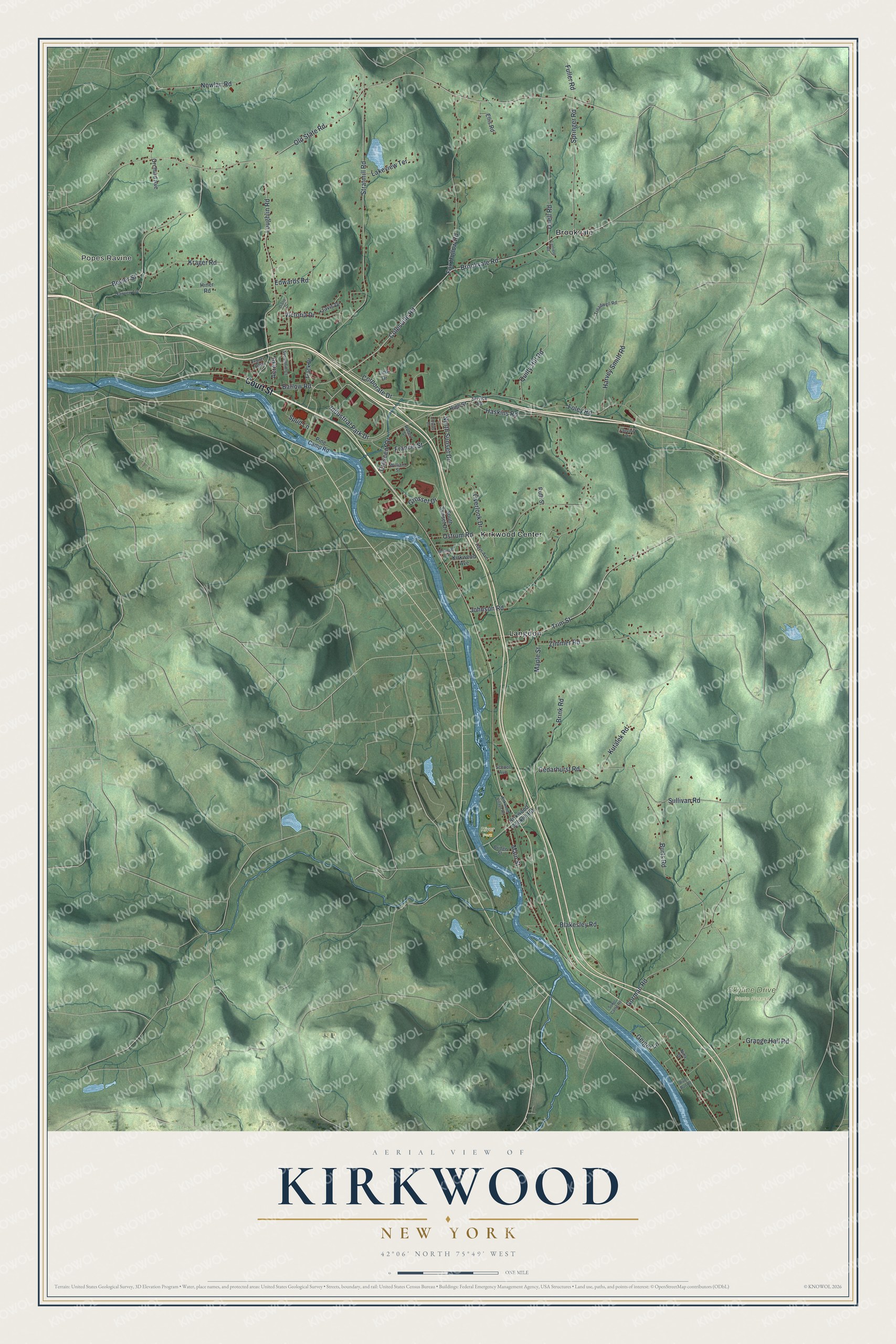 Detailed map of Kirkwood, New York, showing streets, buildings, neighborhoods, and parks