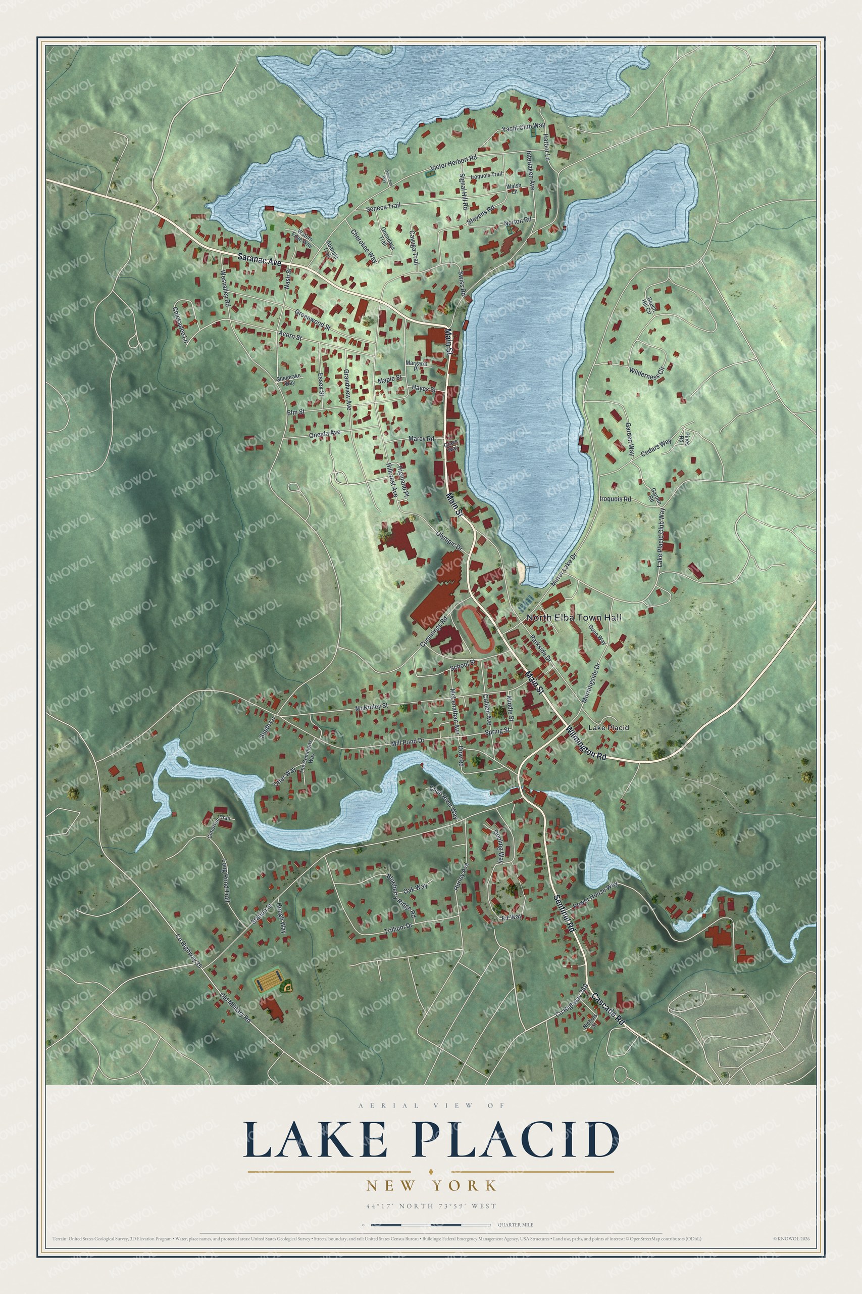 Detailed map of Lake Placid, New York, showing streets and buildings