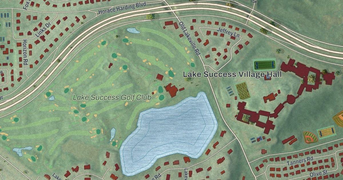 Close-up of streets and buildings in Lake Success, New York
