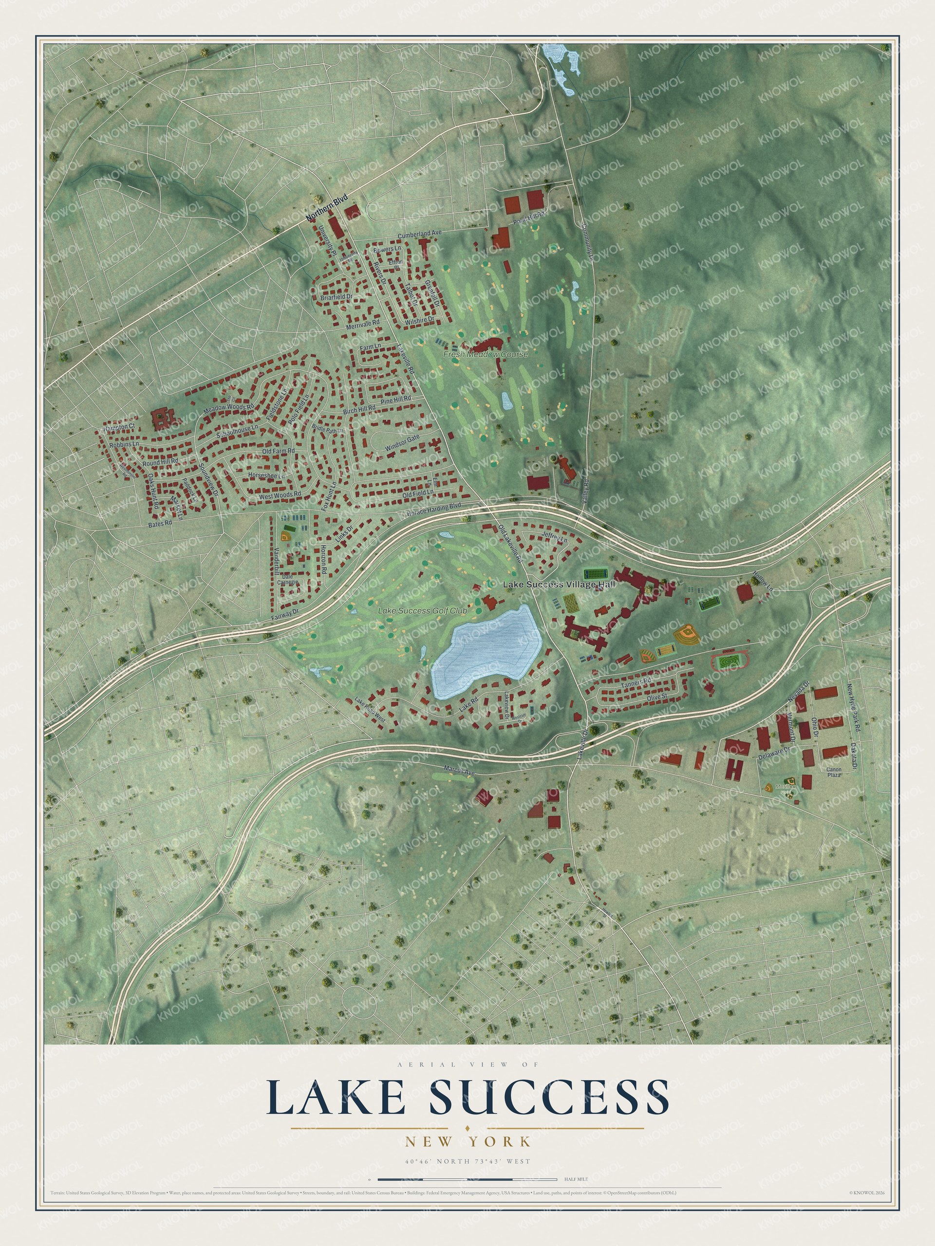 Detailed map of Lake Success, New York, showing streets and buildings
