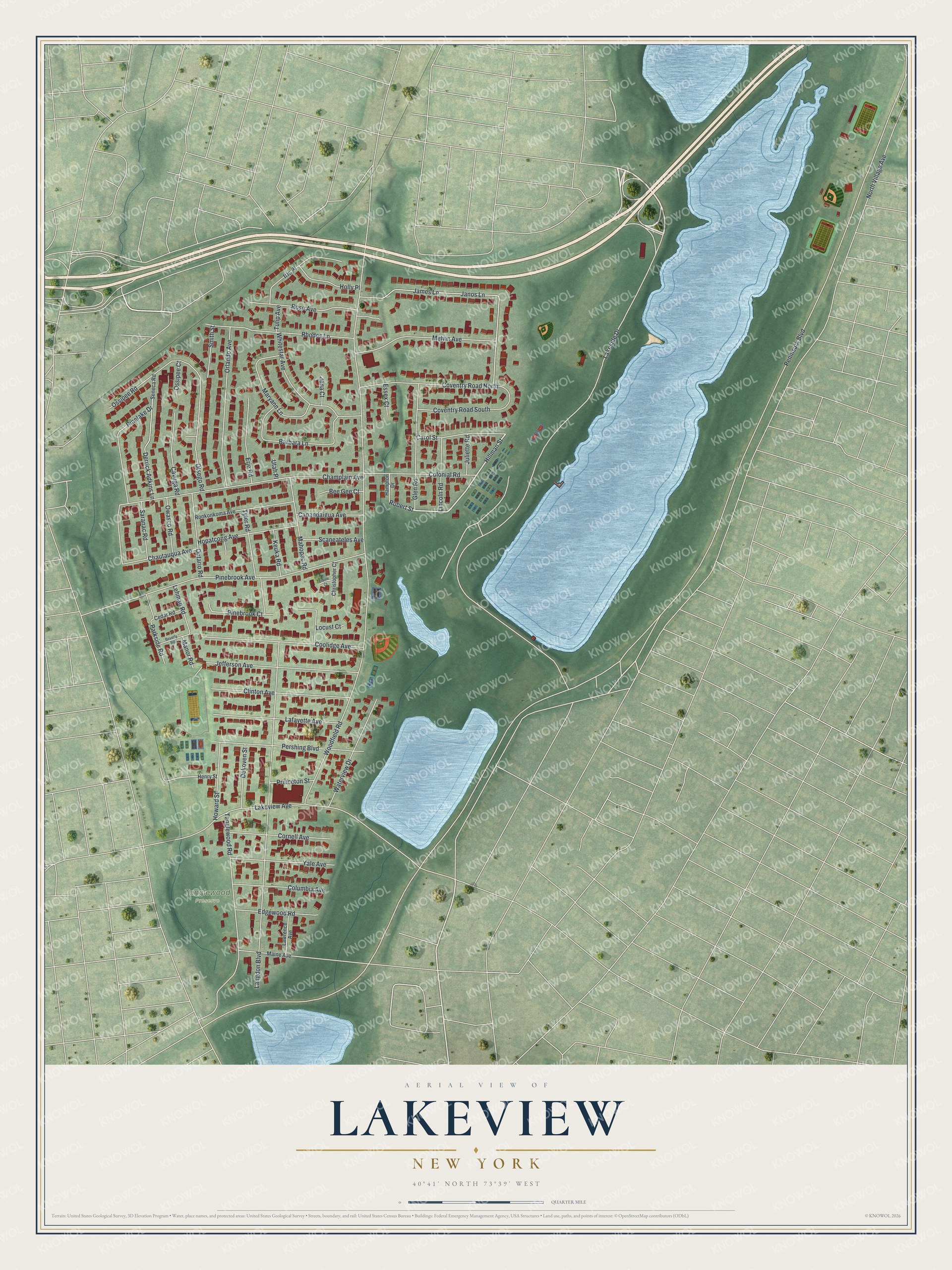 Detailed map of Lakeview, New York, showing streets, buildings, and parks