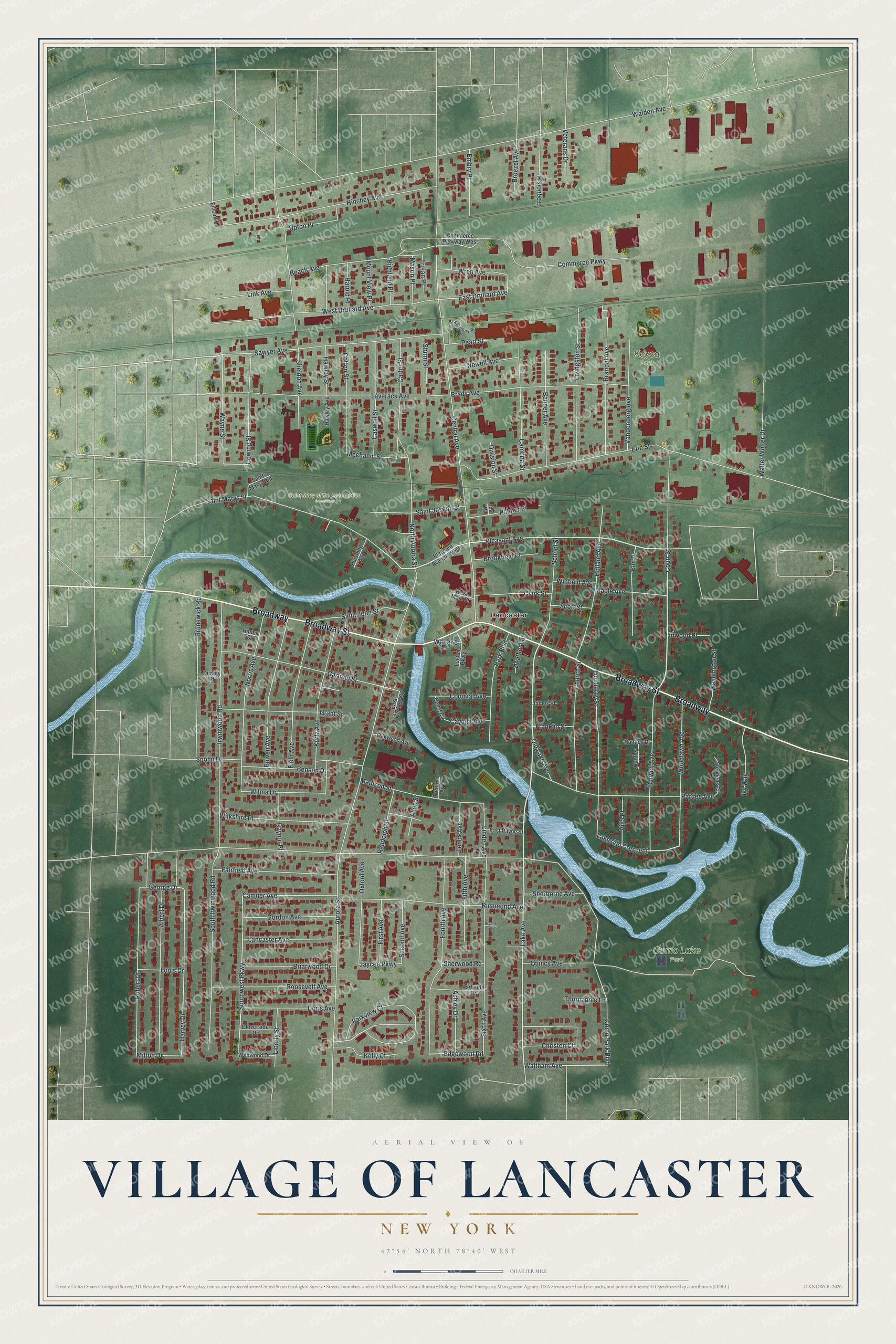 Detailed map of the Village of Lancaster, New York, showing streets, buildings, and parks