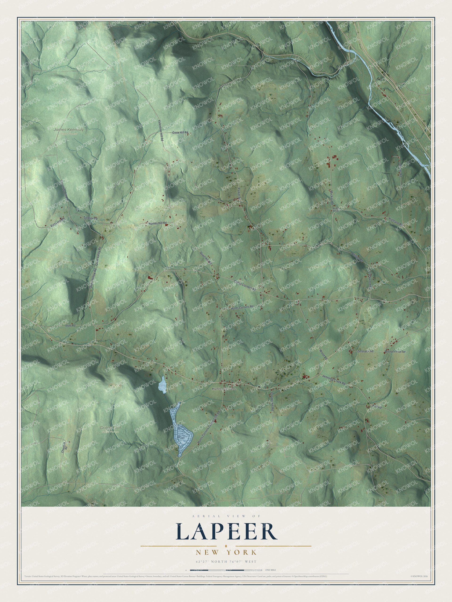 Detailed map of Lapeer, New York, showing streets, buildings, and parks
