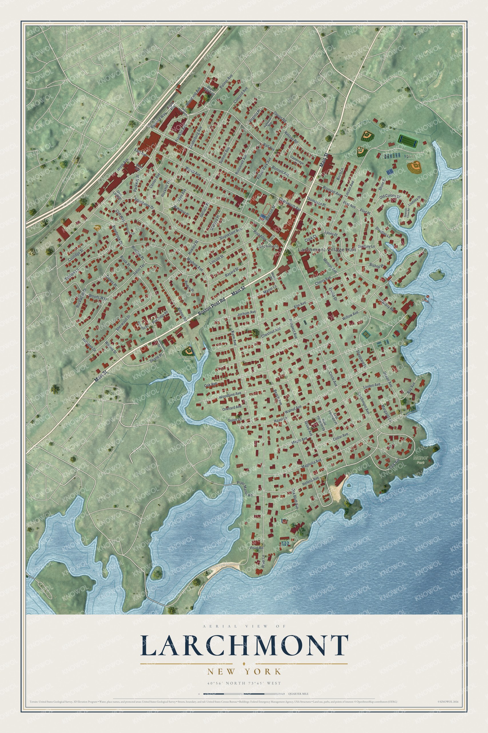 Detailed map of Larchmont, New York, showing streets, buildings, beaches, and parks